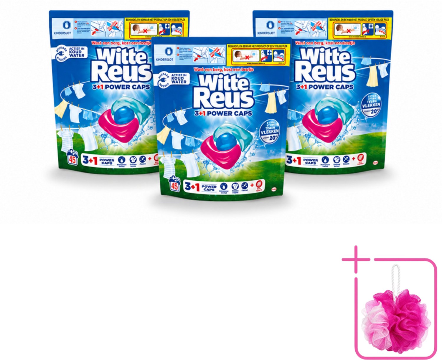 3 x Witte Reus - 3+1 Power Caps - Witte Was - 45 Wasbeurten - Bulkverpakking - Witte Reus Power Caps - Douchemop - Waskracht
