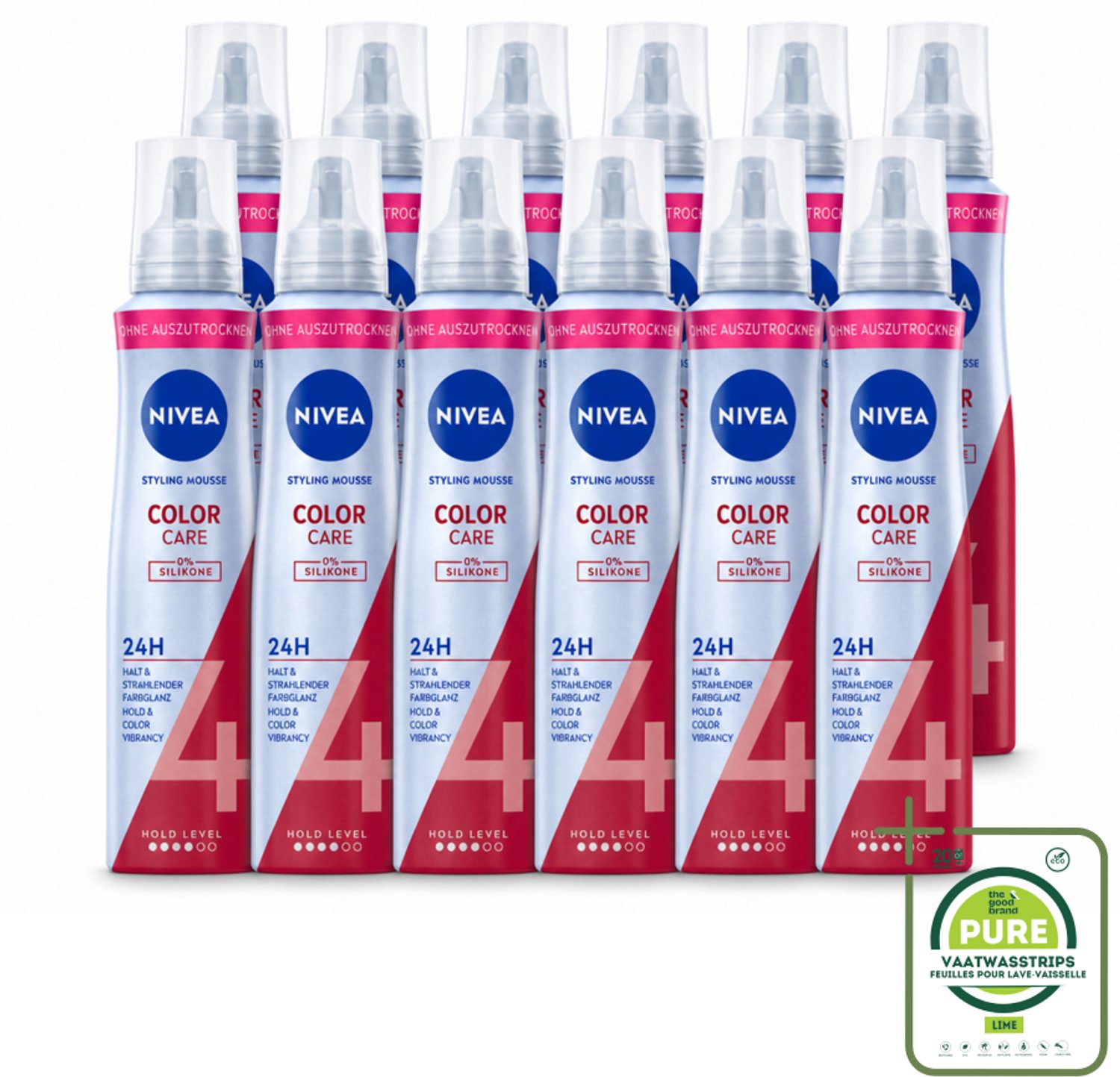12 x NIVEA – Haarmousse – Color Care & Protect – 150 ml - Grootverpakking - Vaatwasstrips - Haarkleur Bescherming - Haarmousse - Panthenol - Vitamine B3 - Heat Activated Care Technology