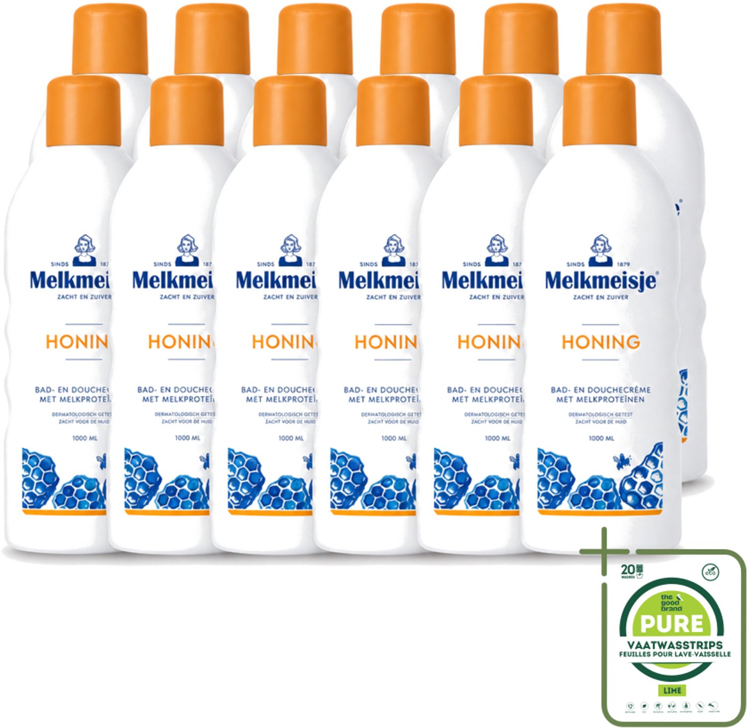 12 x Melkmeisje – Bad & Douche – Honing – 1000 ml - Grootverpakking - Vaatwasstrips - Bad En Douche Crème - Honing Crème - Natuurlijke Honing - Voedende Crème - Gezonde Huid