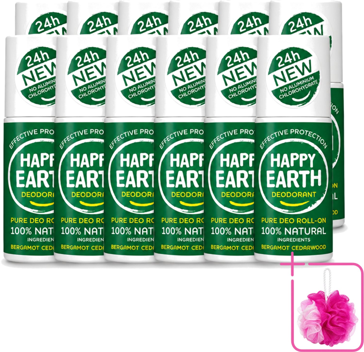 12 x Happy Earth – Deodorant Roll-On – 100% Natuurlijk Bergamot Cedarwood – 75 ml - Bulkverpakking - Bergamot - Douchemop - Cederhout