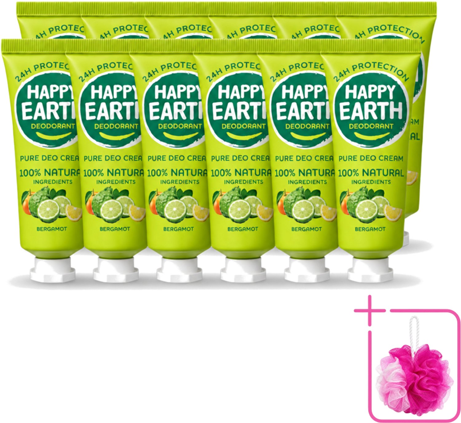 12 x Happy Earth – Deodorant Cream – 100% Natuurlijk Bergamot – 40 ml - Bulkverpakking - Natuurlijke deodorant - Douchemop - Bergamot deodorant