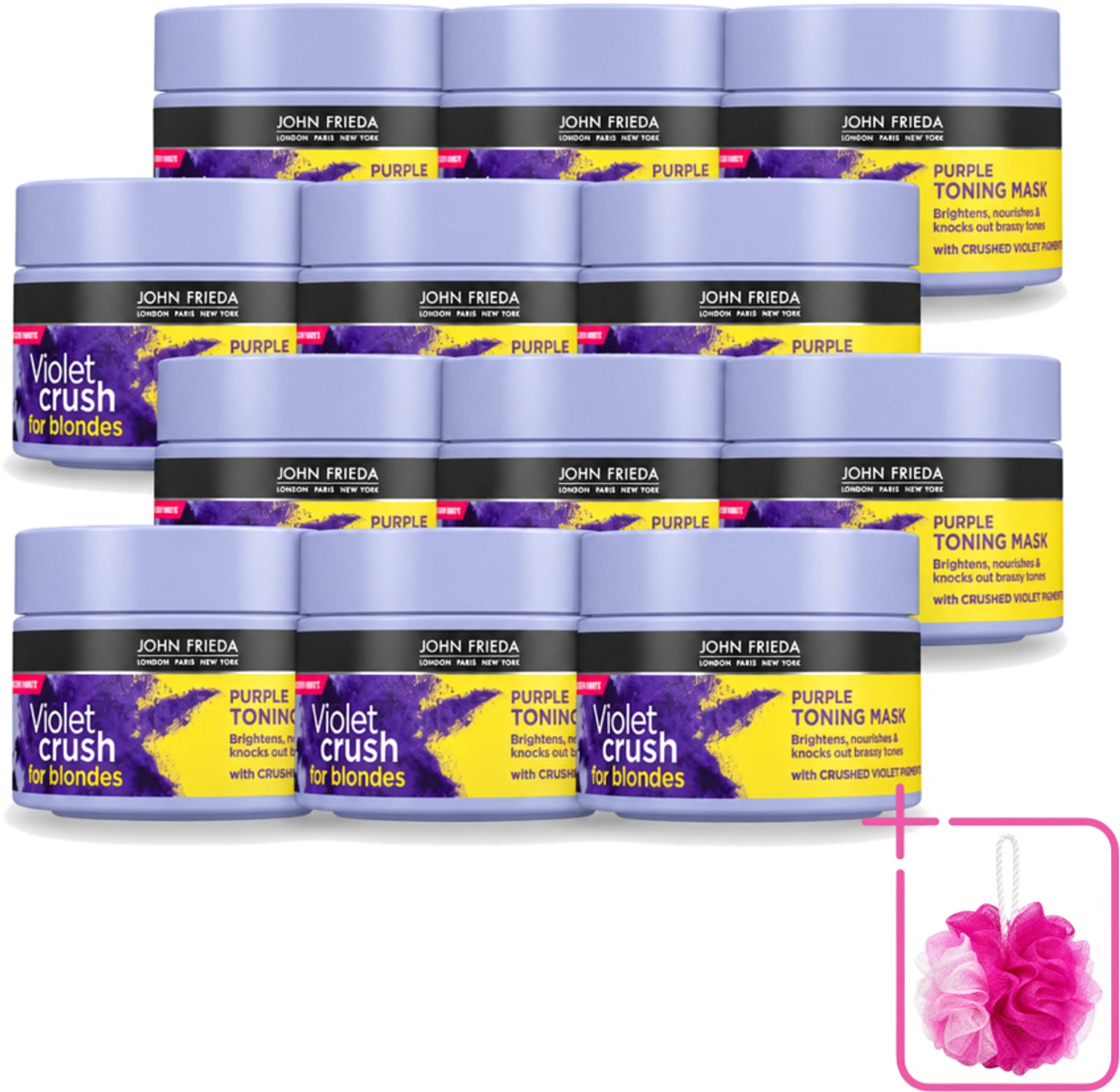 12 x John Frieda – Haarmasker – Violet Crush Purple Toning – Neutraliseert gele tonen – 250 ml - Bulkverpakking - Gele tonen neutraliseren - Koele blonde tint