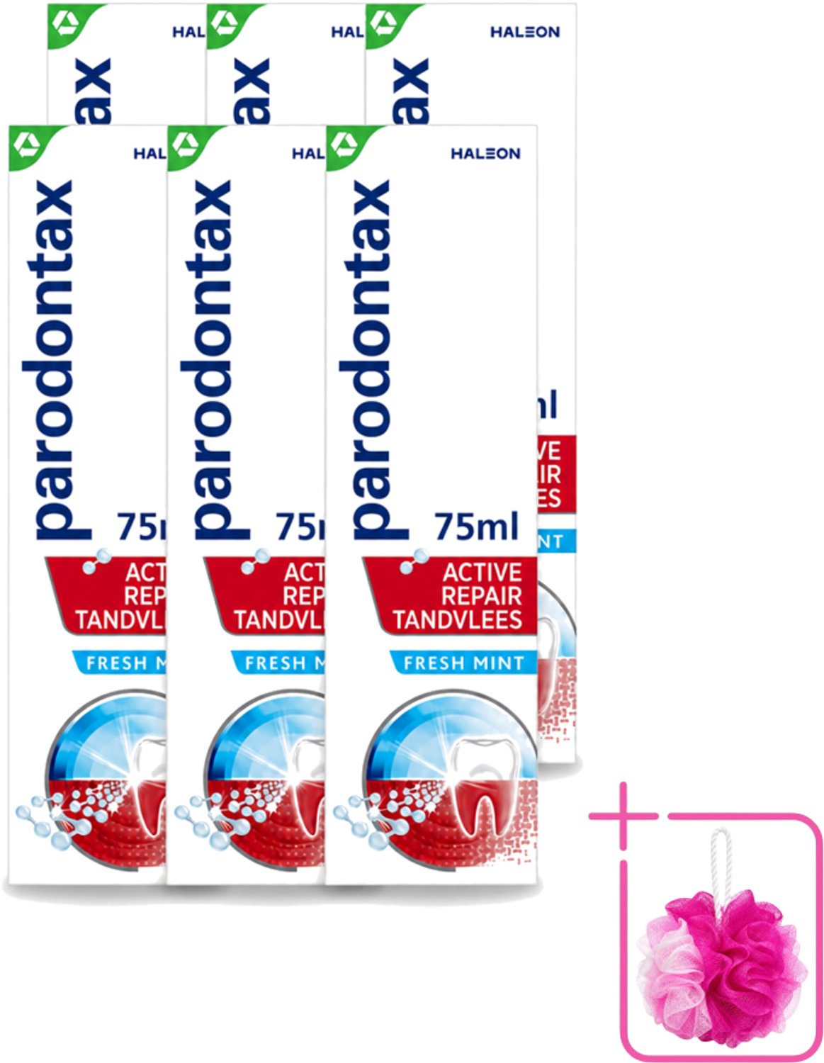 6 x Parodontax – Tandpasta – Active Repair Fresh Mint – 75 ml - Bulkverpakking - Tandvlees herstellen - Douchemop - Tandplak verwijderen