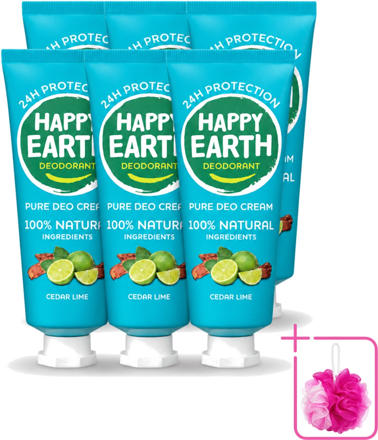 6 x Happy Earth – Deodorant Cream – 100% Natuurlijk Cedar Lime – 40 ml - Bulkverpakking - Natuurlijke deodorant - Deodorant crème