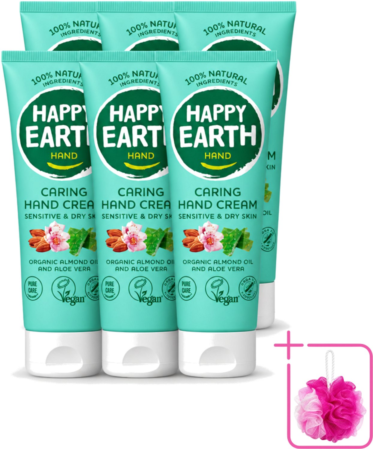 6 x Happy Earth – Handcrème – 100% Natuurlijk – 75 ml - Bulkverpakking - Natuurlijke handcrème - Douchemop - Vegan handcrème