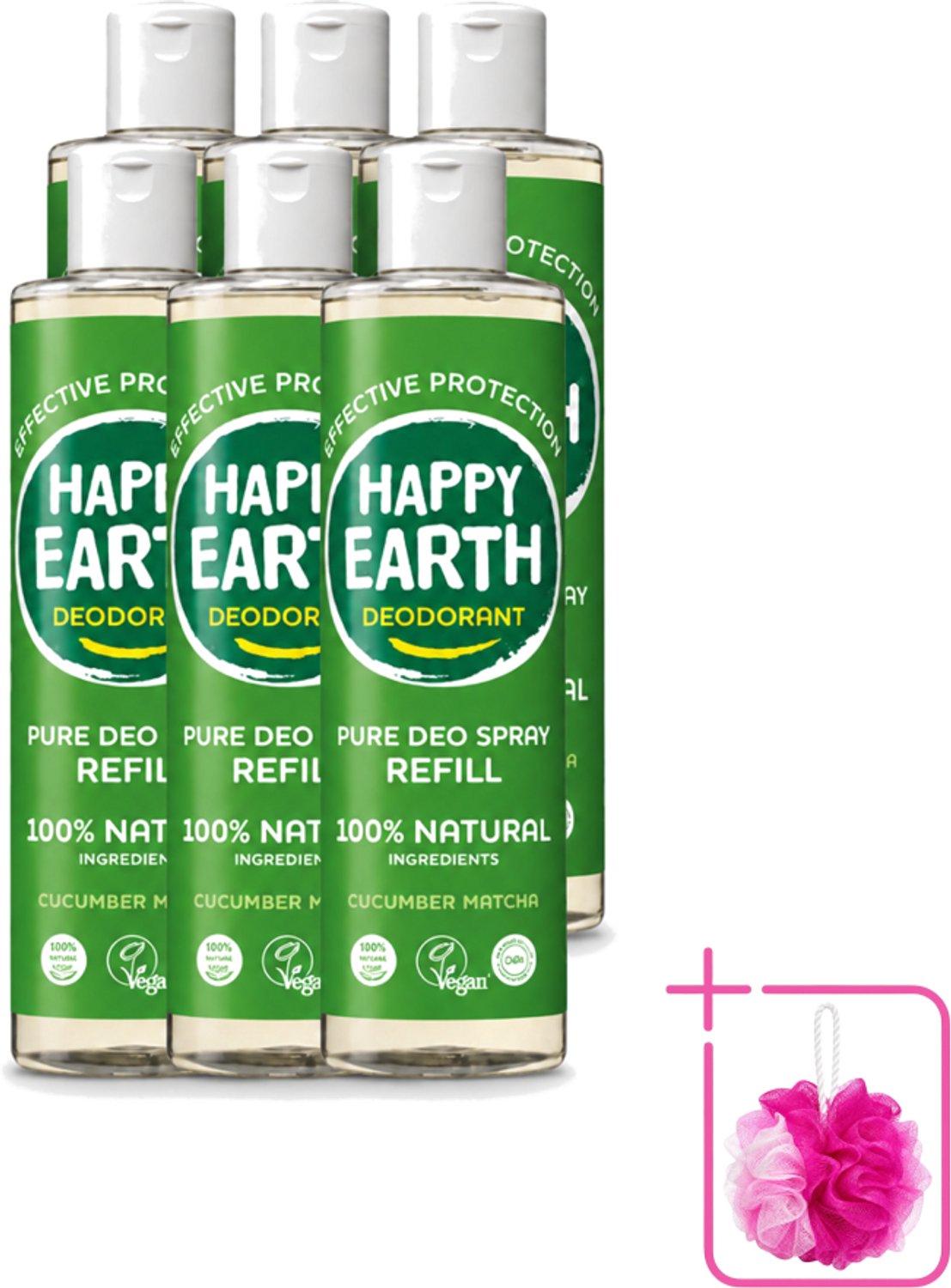 6 x Happy Earth – Deodorant Spray Navulling – 100% Natuurlijk Cucumber Matcha – 300 ml - Bulkverpakking - Deodorant - Douchemop - Frisheid