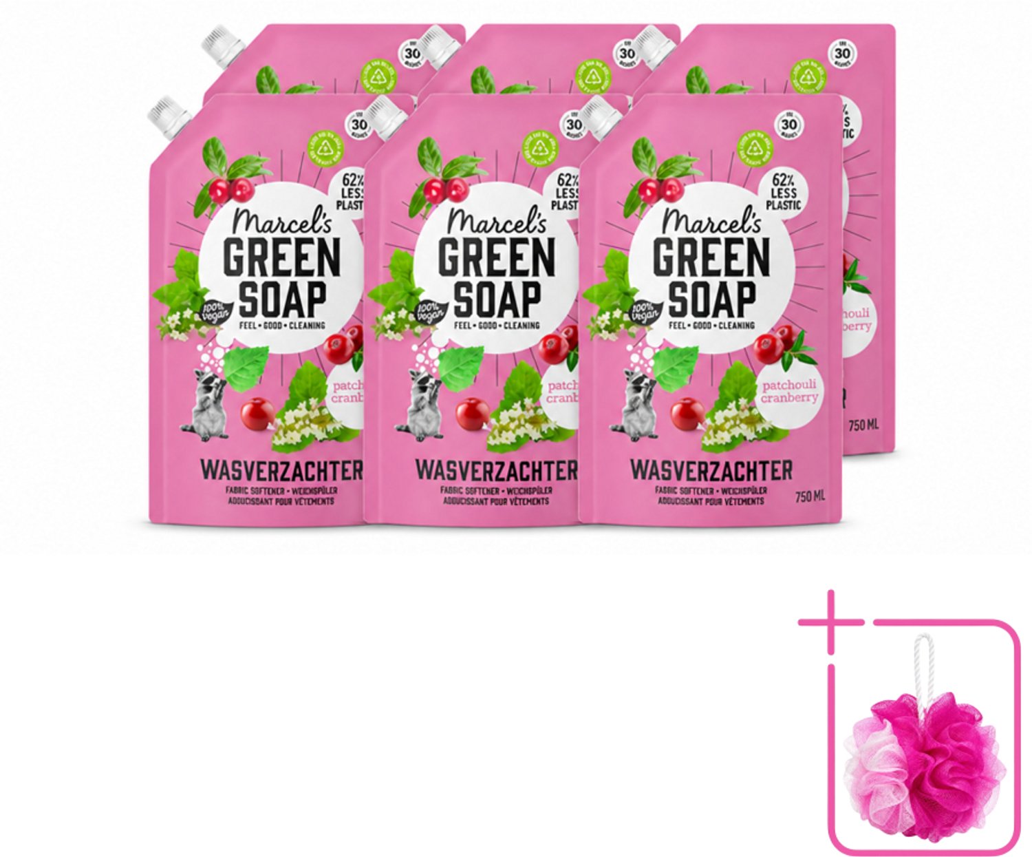 6 x Marcel’s Green Soap – Wasverzachter – Patchouli & Cranberry - Navulling – 750 ml - Bulkverpakking - Wasverzachter - Douchemop - Navulling