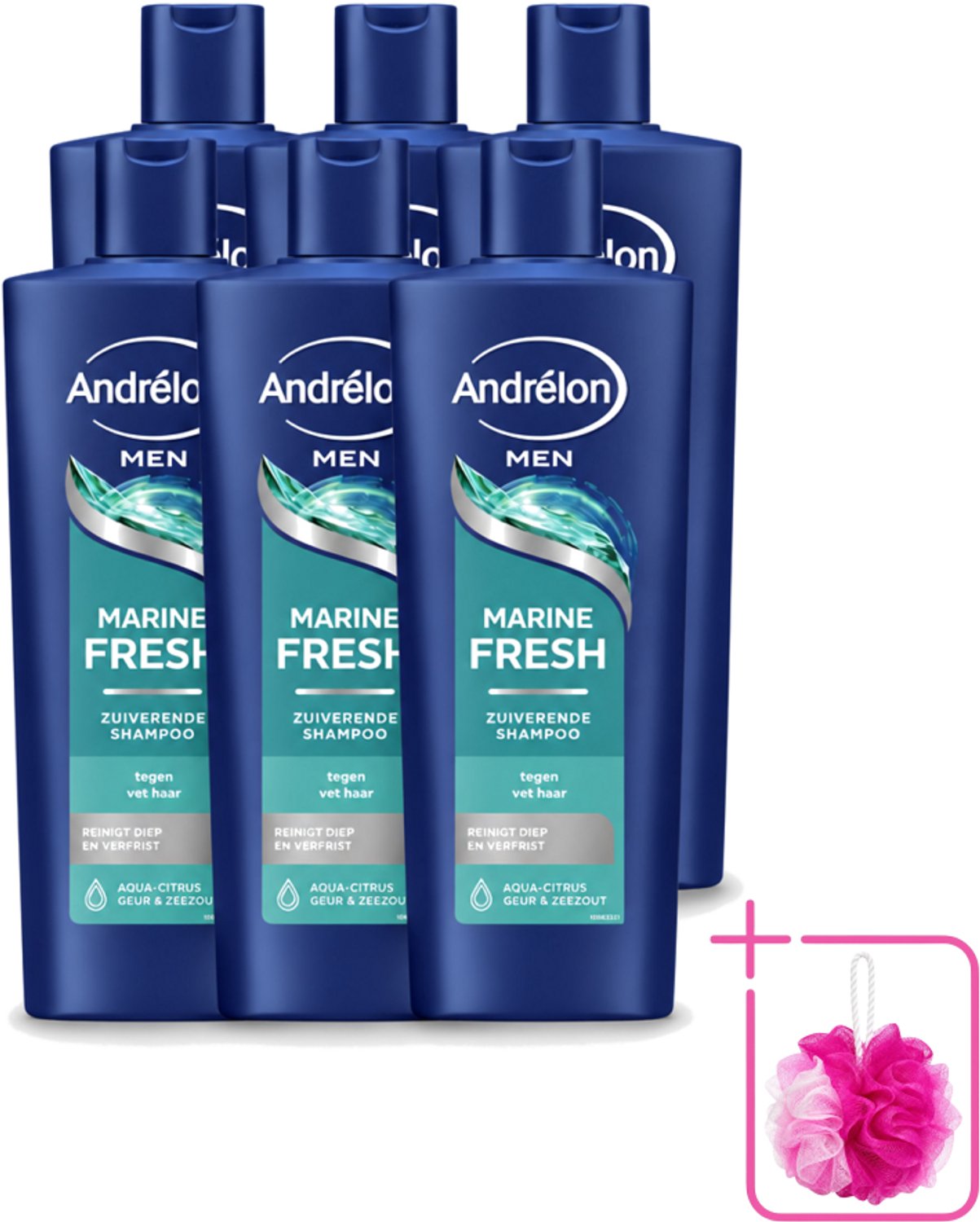 6 x Andrélon – Shampoo – Marine Fresh Men – 400 ml - Bulkverpakking - Mannelijk haar reinigen - Douchemop - Vet haar verwijderen