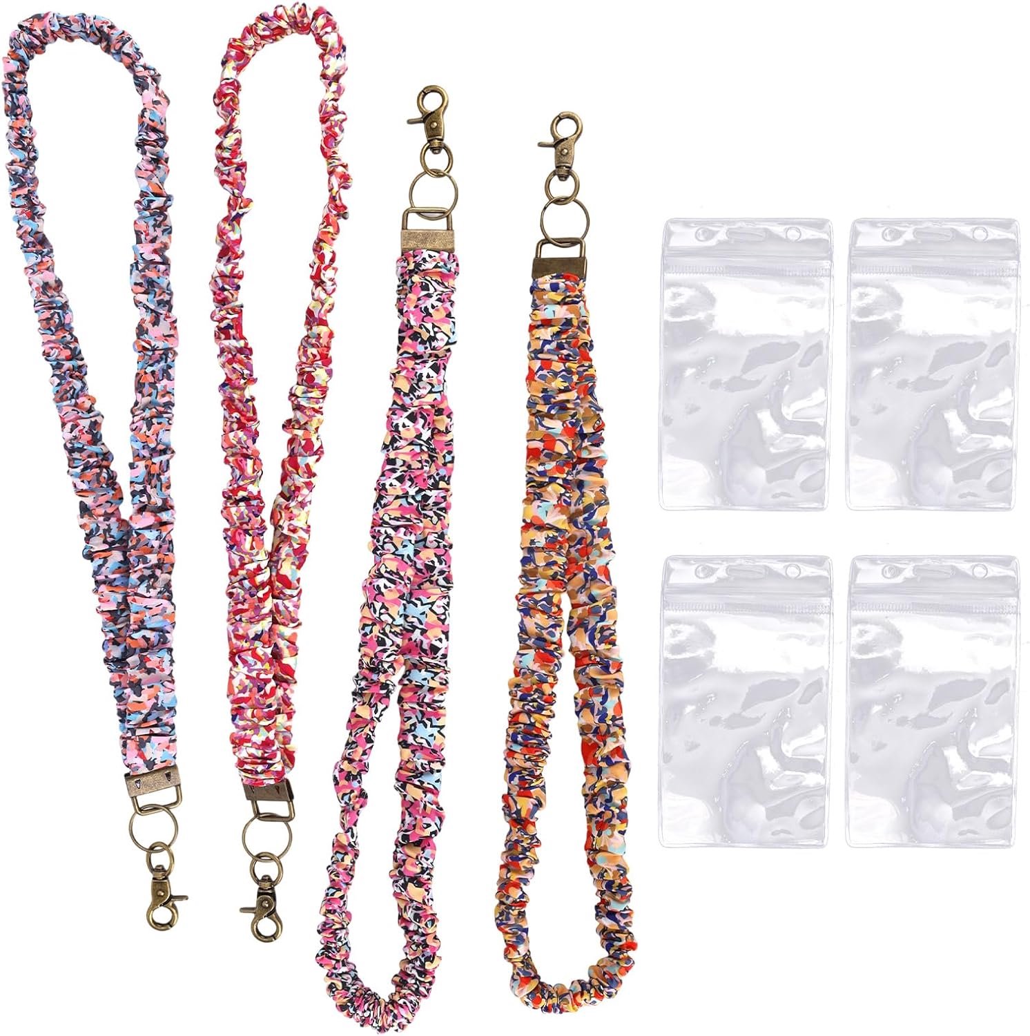 4st Scrunchie Lanyard, Kleurrijke Bloemen Elastische Lanyard met 4 ID-Houders Leuke Nekaccessoires voor Sleutels ID-Badges voor Leraar Verpleegkundige Arts