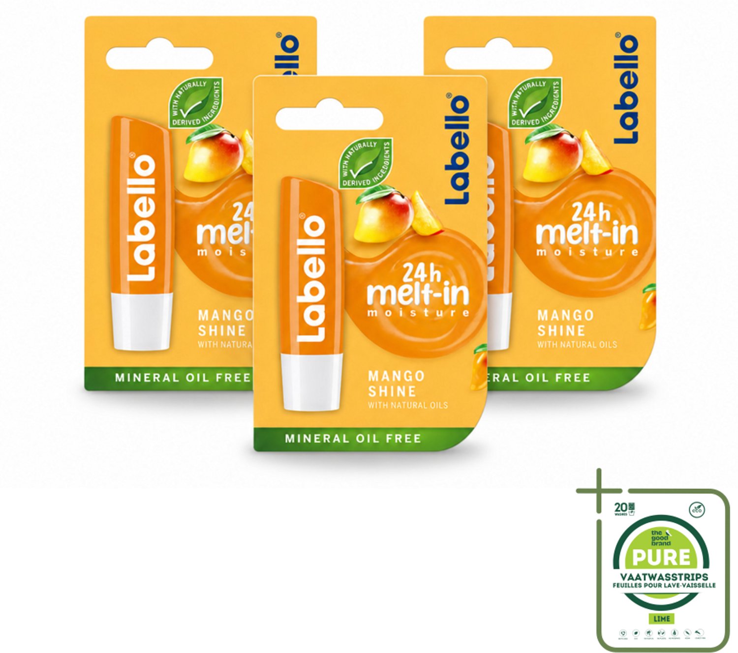 3 x Labello – Lippenbalsem -- Mango Shine – 4,8 g - Grootverpakking - Vaatwasstrips - Lippenbalsem - Mango Geur - Hydratatie - Natuurlijke Glans - Verzorging