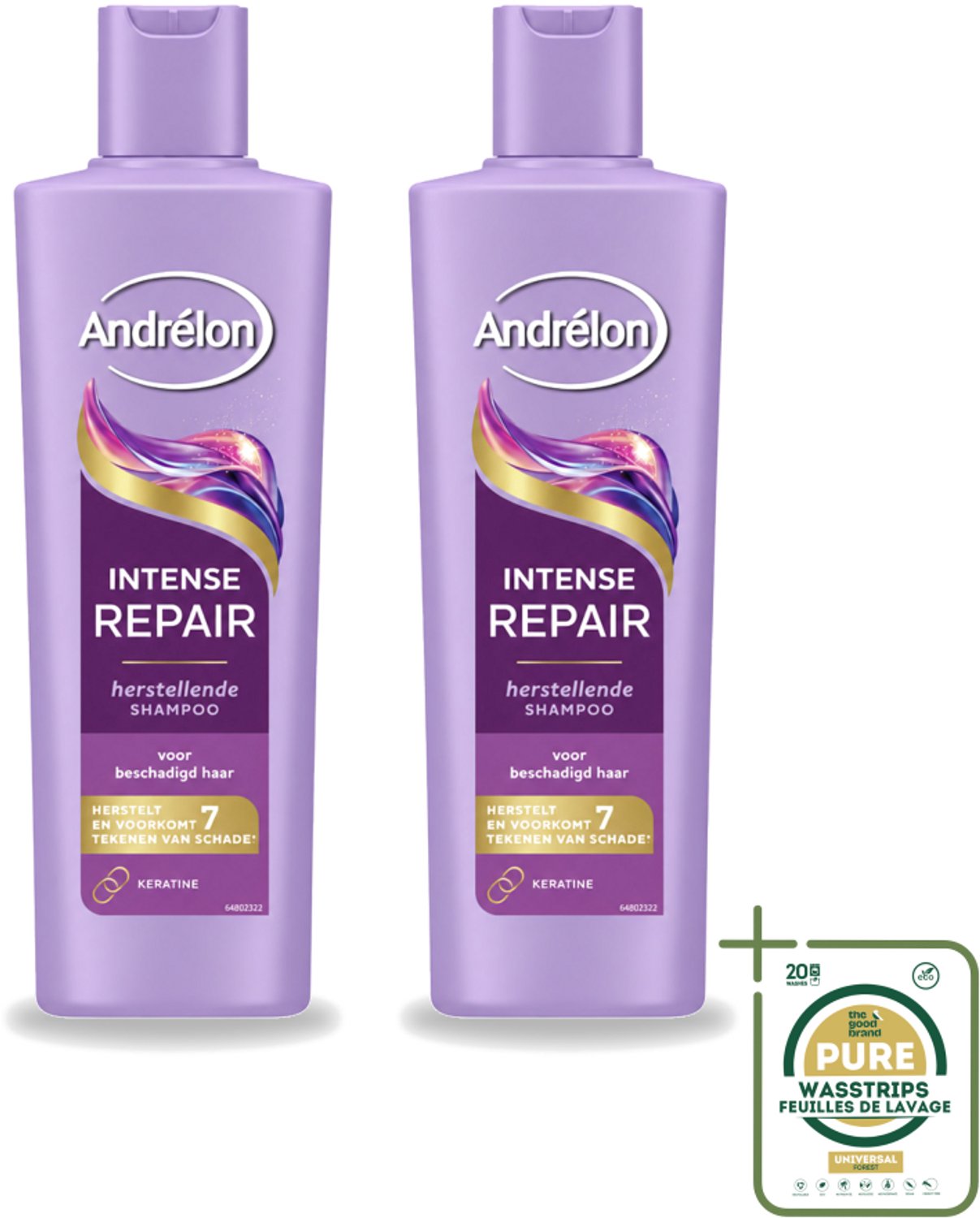 2 x Andrélon – Shampoo – Intense Repair – 250 ml - Wasstrips - Haar Herstellen - Beschadigd Haar - Keratine Shampoo - Haar Beschermen - Haar Herstel