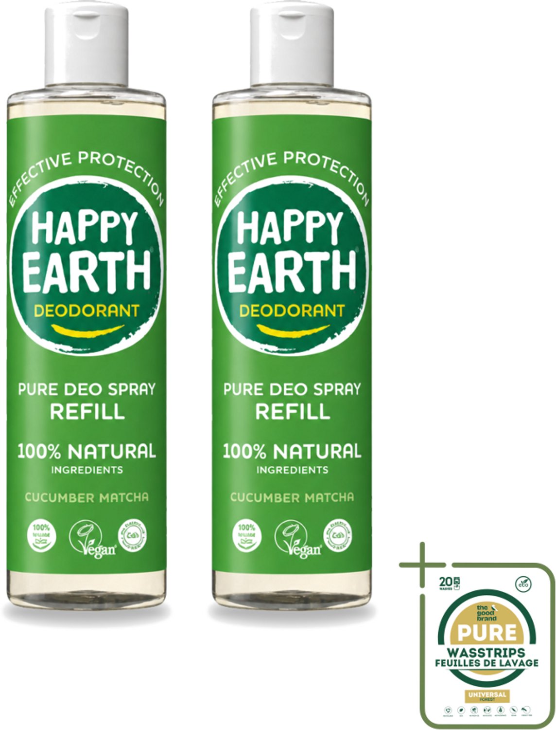 2 x Happy Earth – Deodorant Spray Navulling – 100% Natuurlijk Cucumber Matcha – 300 ml - Wasstrips - Deodorant Spray - Natuurlijke Deodorant - Frisse Geur - Komkommer Matcha - Anti-geur