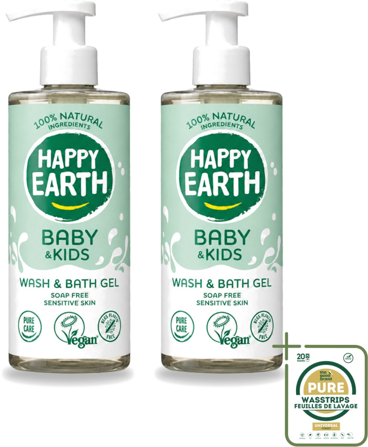 2 x Happy Earth – Was & Badgel – Zeepvrij Baby & Kids – 300 ml - Wasstrips - Babywasgel - Zeepvrij Babywasgel - Huidverzorging - Mild Wasgel - Allergeenvrije Wasgel