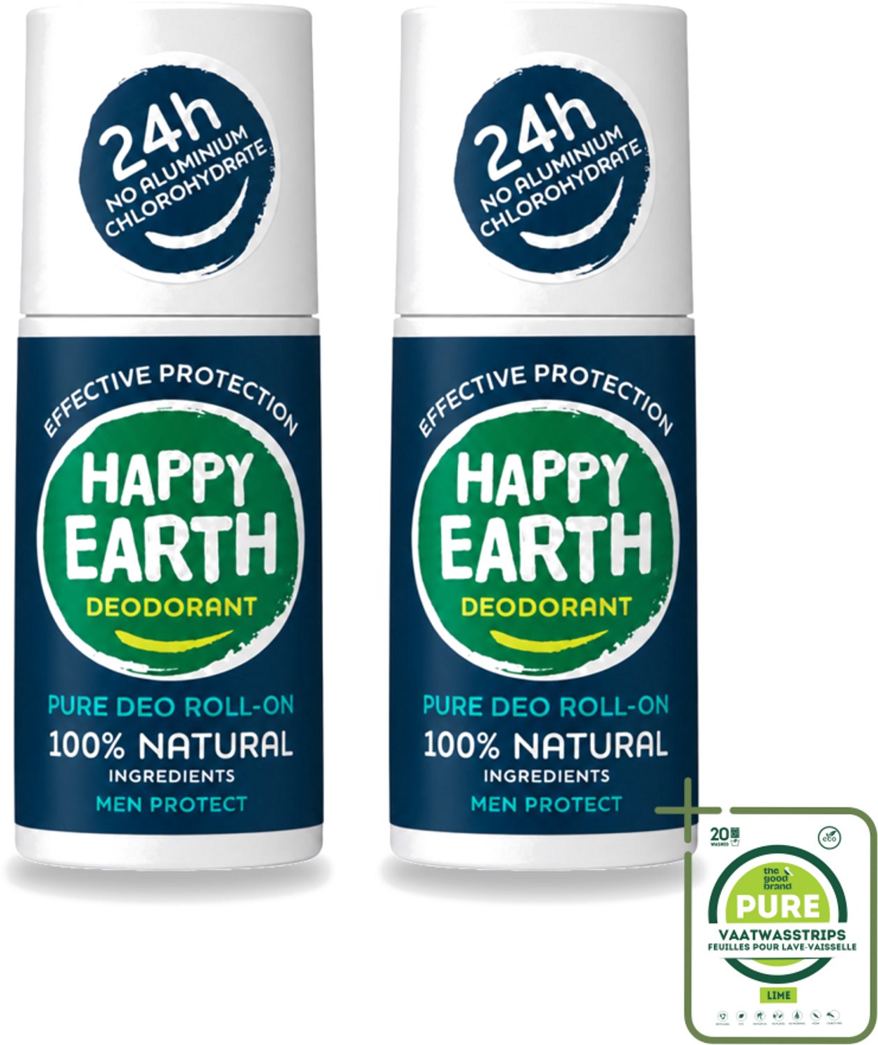 2 x Happy Earth – Deodorant Roll-On – 100% Natuurlijk Men Protect – 75 ml - Grootverpakking - Vaatwasstrips - Natuurlijke Deodorant Voor Mannen - Frisse Geur - Deodorant Zonder Aluminium - Huidvriendelijk - Vegan Deodorant