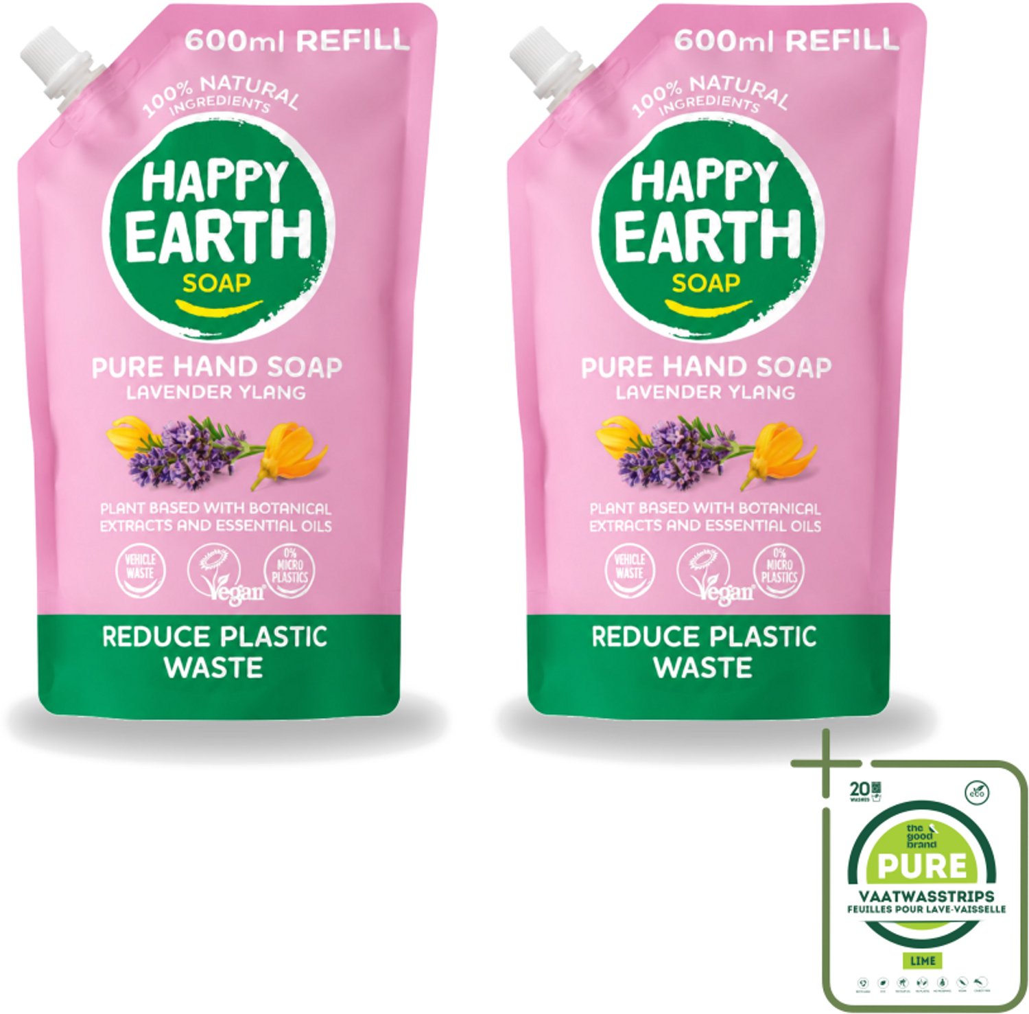 2 x Happy Earth – Handzeep Navulling – 100% Natuurlijk Lavender Ylang – 600 ml - Grootverpakking - Vaatwasstrips - Natuurlijke Handzeep - Navulverpakking - Lavendel - Ylang - Vegan Handzeep