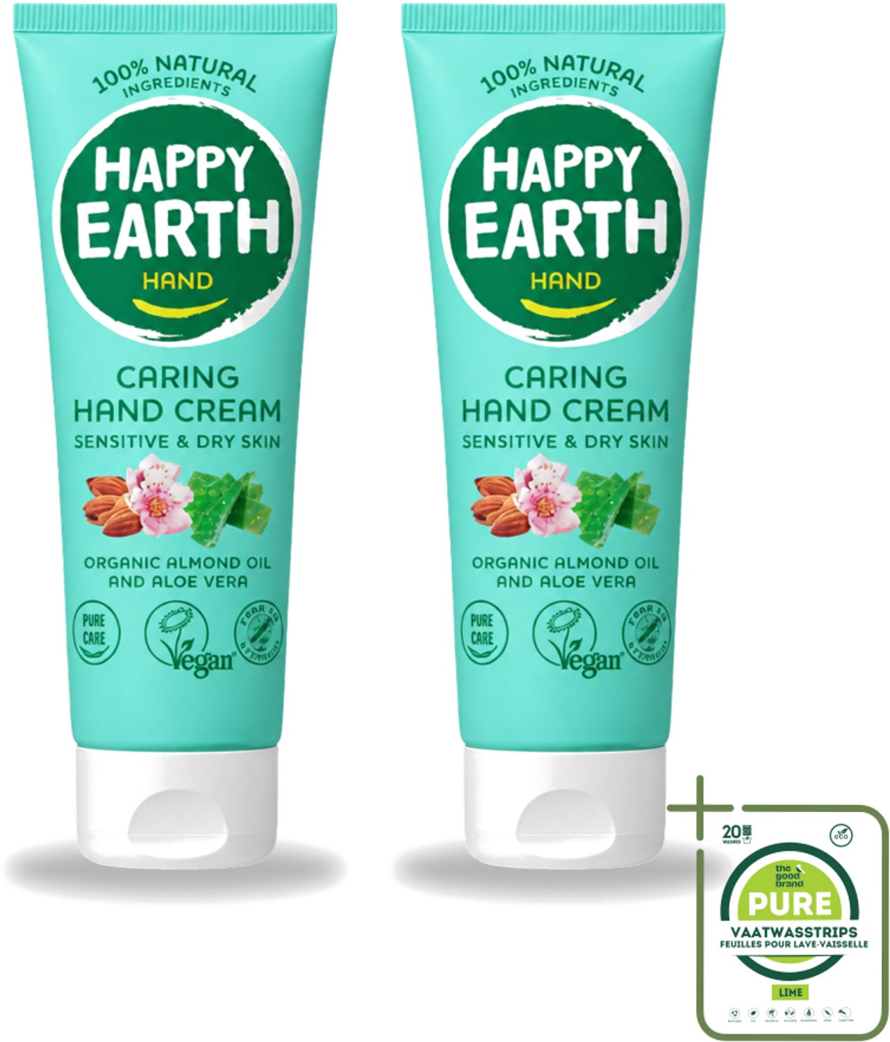 2 x Happy Earth – Handcrème – 100% Natuurlijk – 75 ml - Grootverpakking - Vaatwasstrips - Natuurlijke Handcrème - Vegan Handcrème - Handverzorging - Droge Handen - Huidverzorging