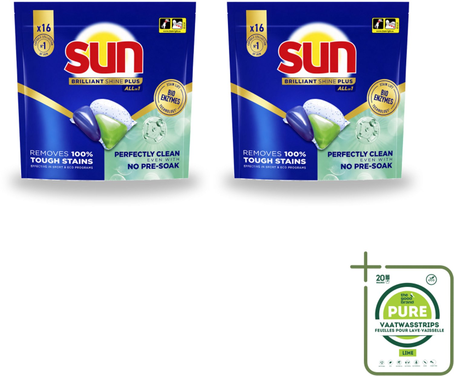 2 x Sun – Vaatwascapsules – Brilliant Shine+ All-in-1 – 16 capsules - Grootverpakking - Vaatwasstrips - Vaatwasmiddel - Vaatwascapsules - Schone Vaat - Glans - Droge Vaat