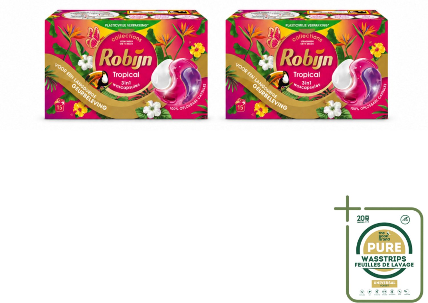 2 x Robijn - 3-in-1 Tropical - Wascapsules - 15 Wasbeurten - Wasstrips - Wasmiddel - Wascapsules - Kleurbehoud - Tropische Geur - Biologisch Afbreekbaar