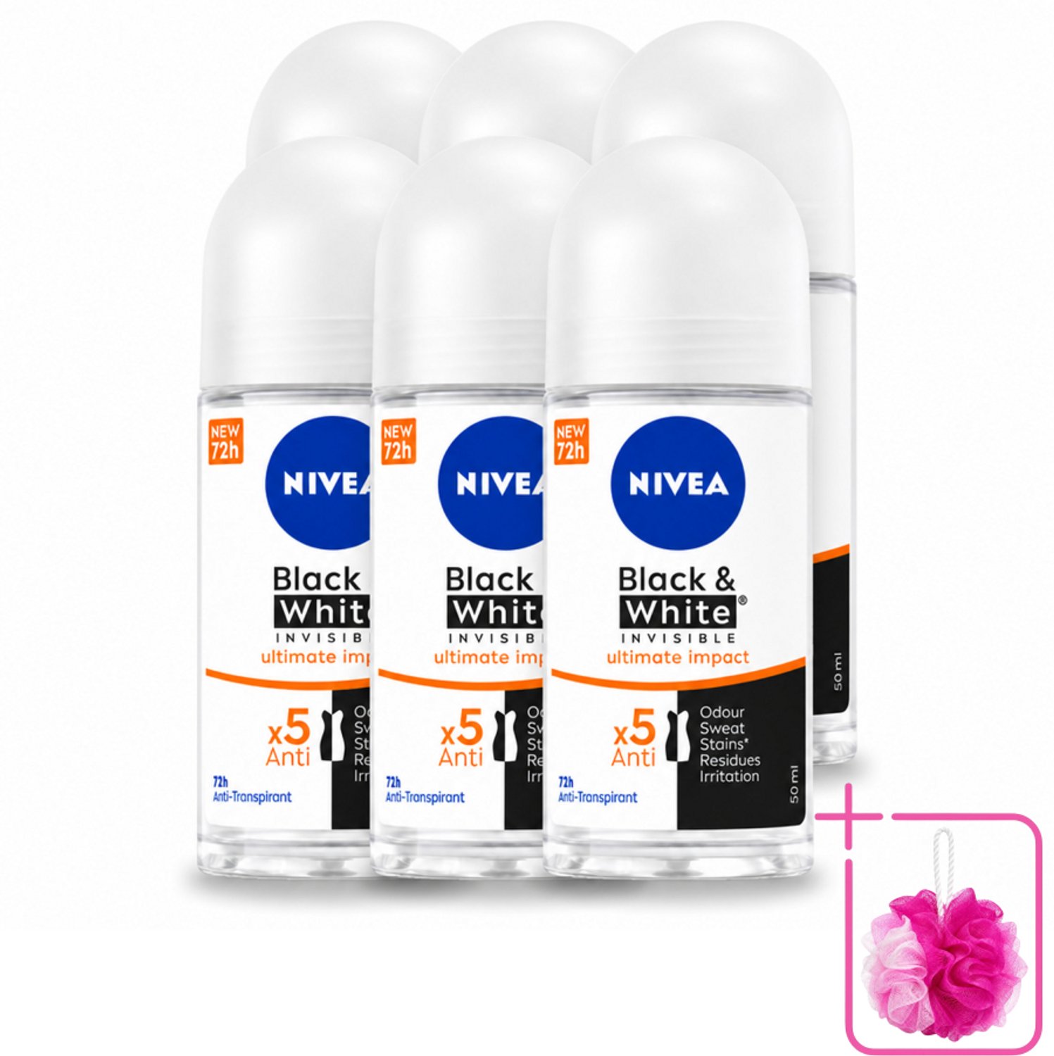 6 x NIVEA - Deodorant Roller - Zwart & Wit Ultieme Impact - 72 Uur Anti-Transpirant - 50 ml - Bulkverpakking - Deodorant roller - Anti-vlek