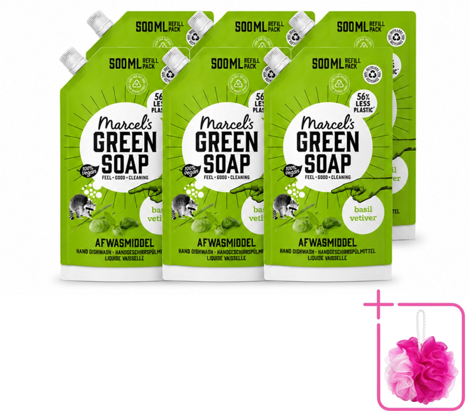 6 x Marcel's Green Soap - Navulling - Afwasmiddel - Basilicum & Vetiver Gras - Plantaardig & duurzaam - 500 ml - Bulkverpakking - Afwasmiddel - Douchemop - Navulverpakking