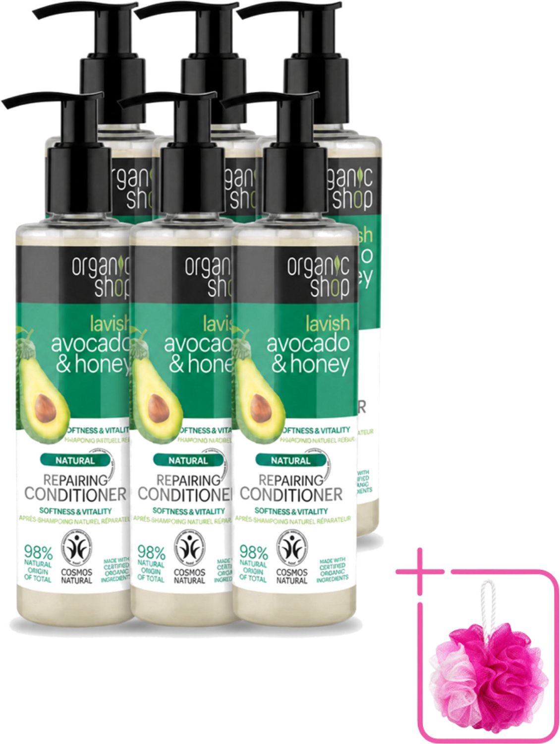 6 x Organic Shop - Natural Repairing Conditioner - Avocado & Honey - 280 ml - Bulkverpakking - Herstel haar - Douchemop - Natuurlijke conditioner