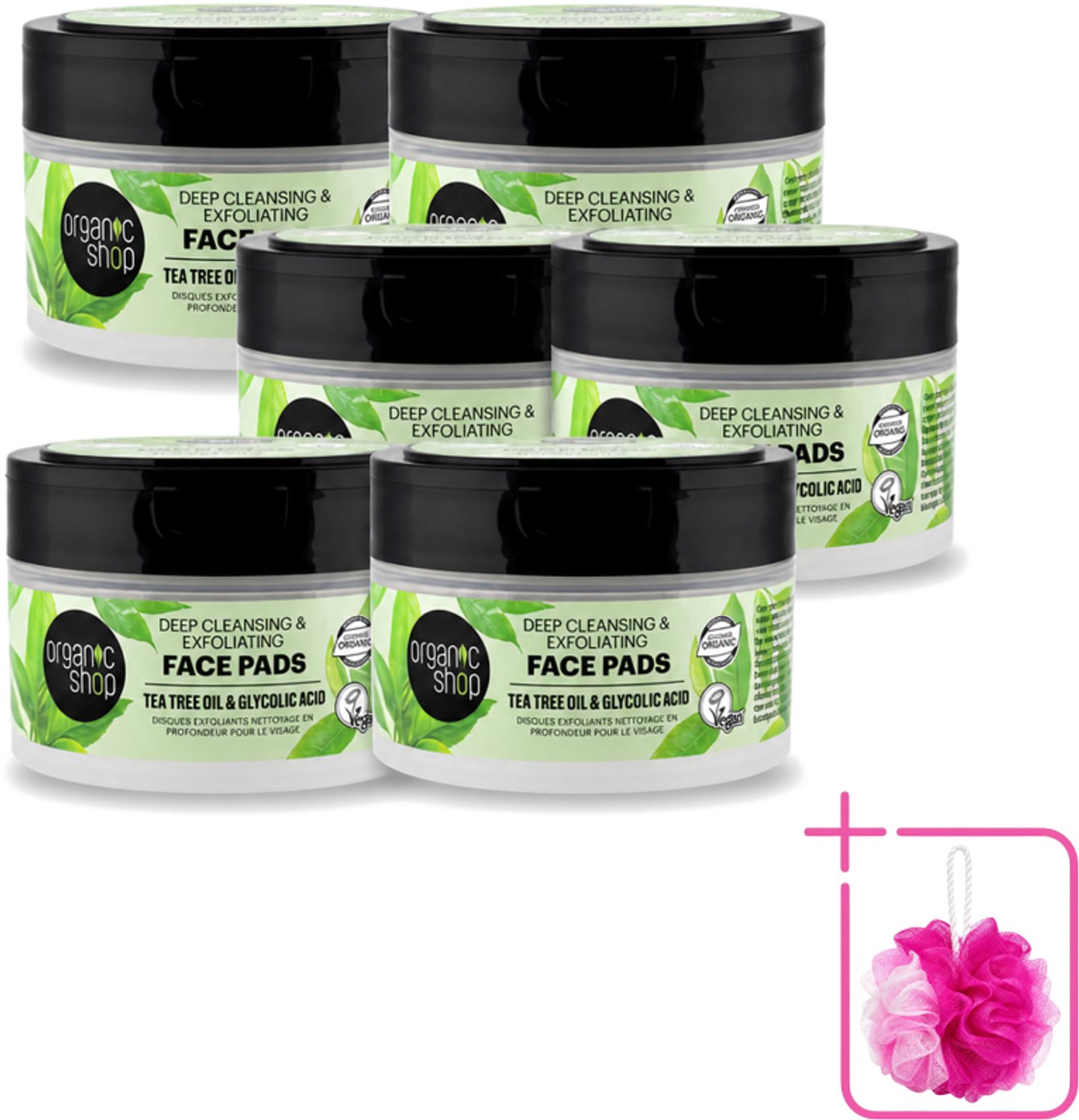 6 x Organic Shop - Face Pads Deep Cleansing - Verfrissend en Reinigen - 20 Pads - Bulkverpakking - Gezichtsreiniging - Douchemop - Diepe reiniging