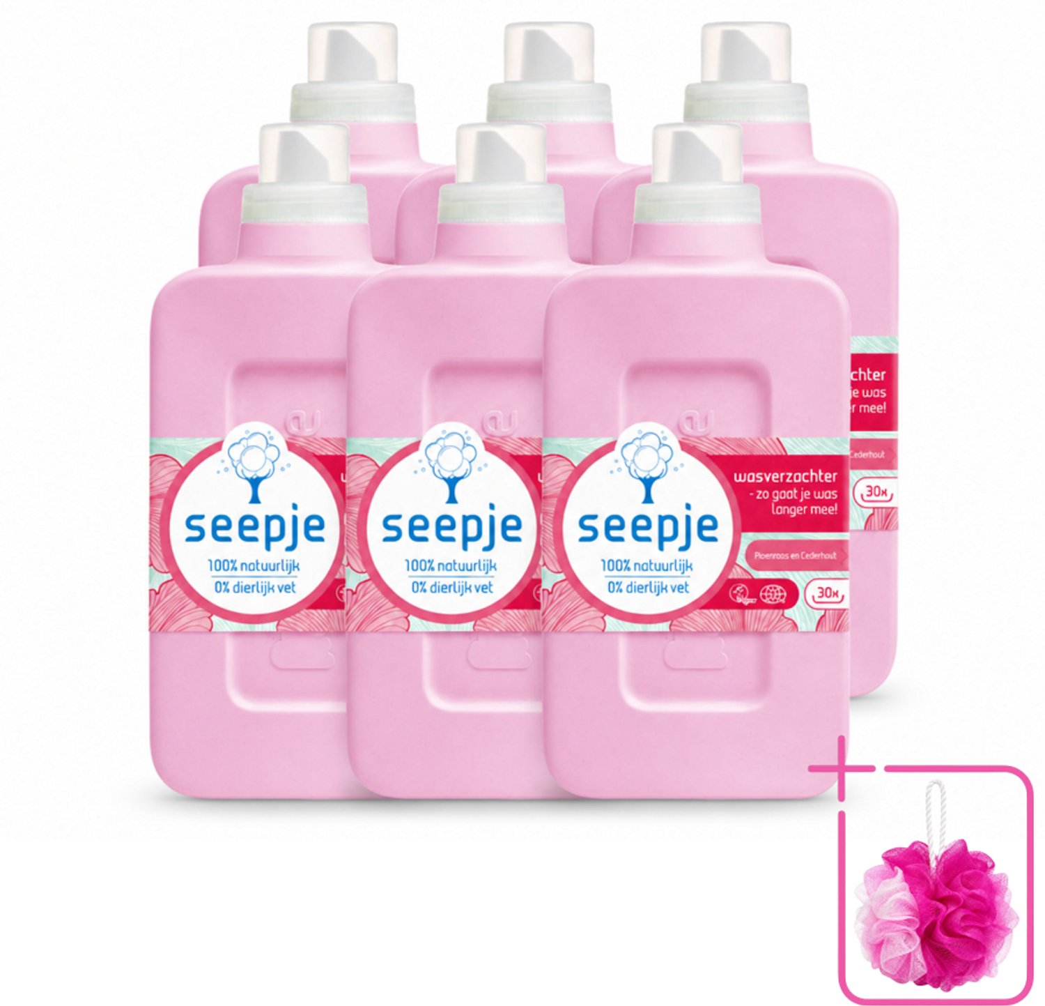 6 x Seepje - Wasverzachter - Geurige Verzorging - Pioenroos en Cederhout - 30 Wasbeurten - 750 ml - Bulkverpakking - Wasverzachter - Douchemop - Natuurlijke wasverzachter