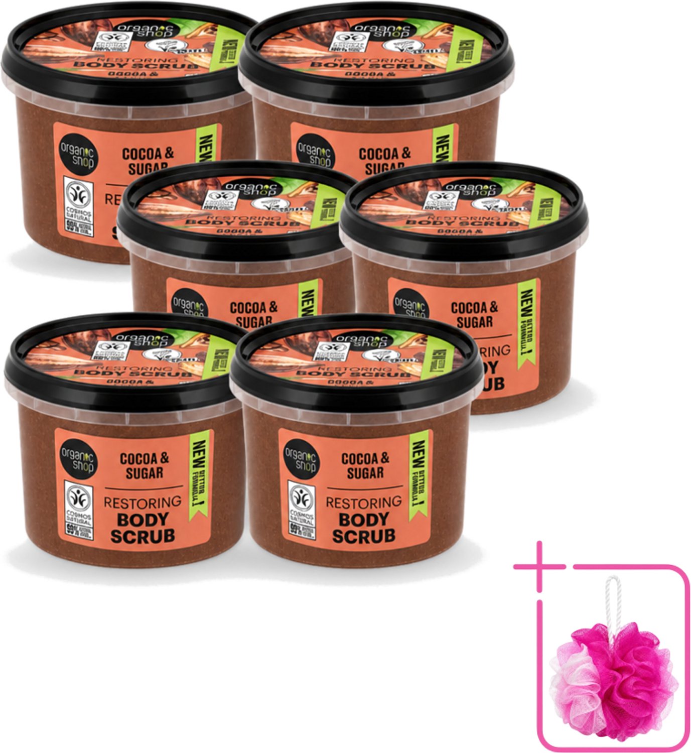 6 x Organic Shop - Body Scrub Cocoa - Rijke Hydratatie - 250 ml - Bulkverpakking - Bodyscrub - Douchemop - Exfoliatie