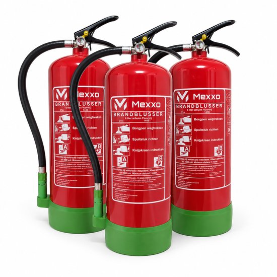 Drie rode Mexxo schuimblussers van 6 liter met groene voet. Inclusief slang en handvat.