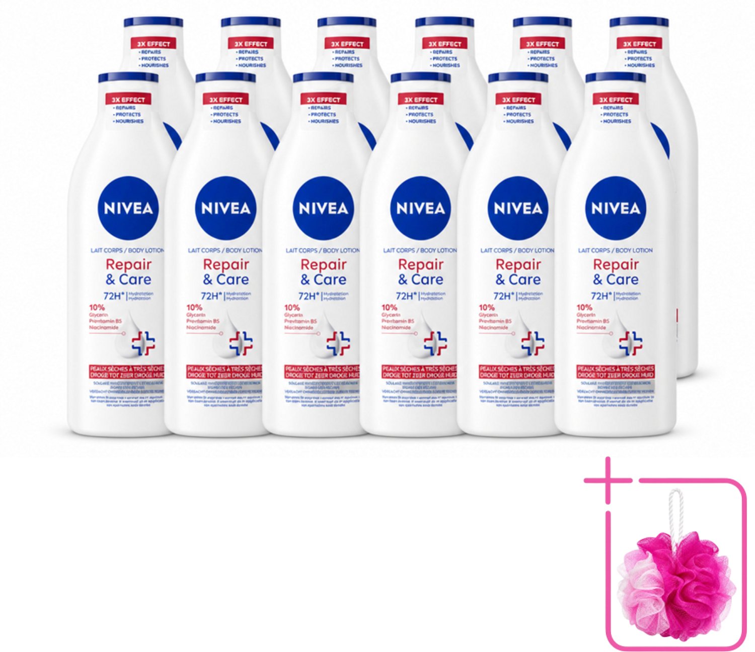 12 x Nivea - Repair & Care Bodylotion - 72 uur Hydratatie - Voor Zeer Droge Huid - 400 ml - Bulkverpakking - Hydratatie - Douchemop - Droge huid