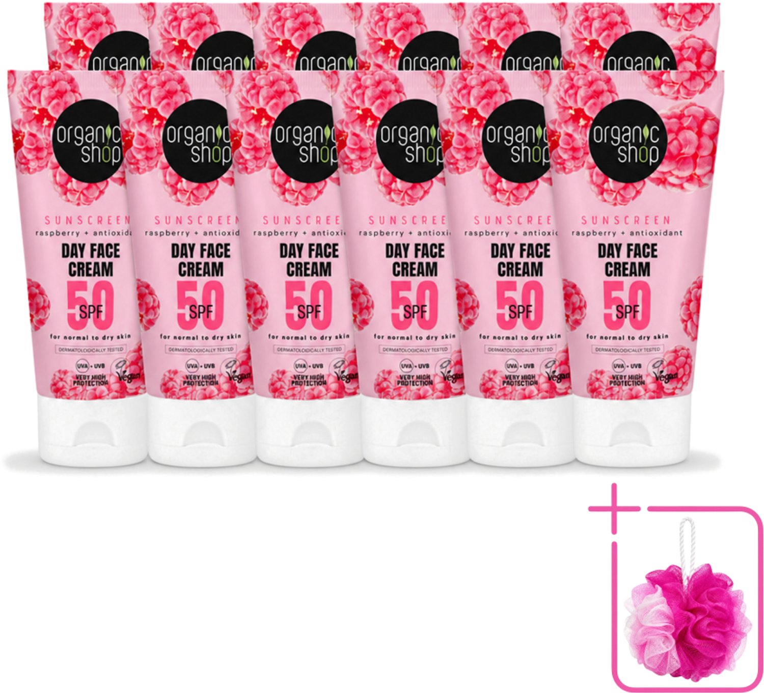 12 x Organic Shop - Zonnebrandcrème Gezicht SPF 50 - Normale Huid - 50 ml - Bulkverpakking - Zonbescherming gezicht - Douchemop - SPF 50