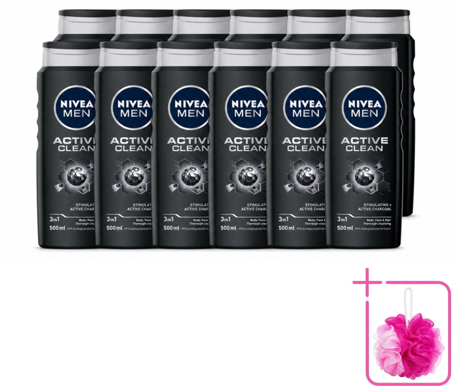 12 x NIVEA MEN - Douchegel - Active Clean - 500 ml - Bulkverpakking - Douchegel mannen - Douchemop - Actief houtskool