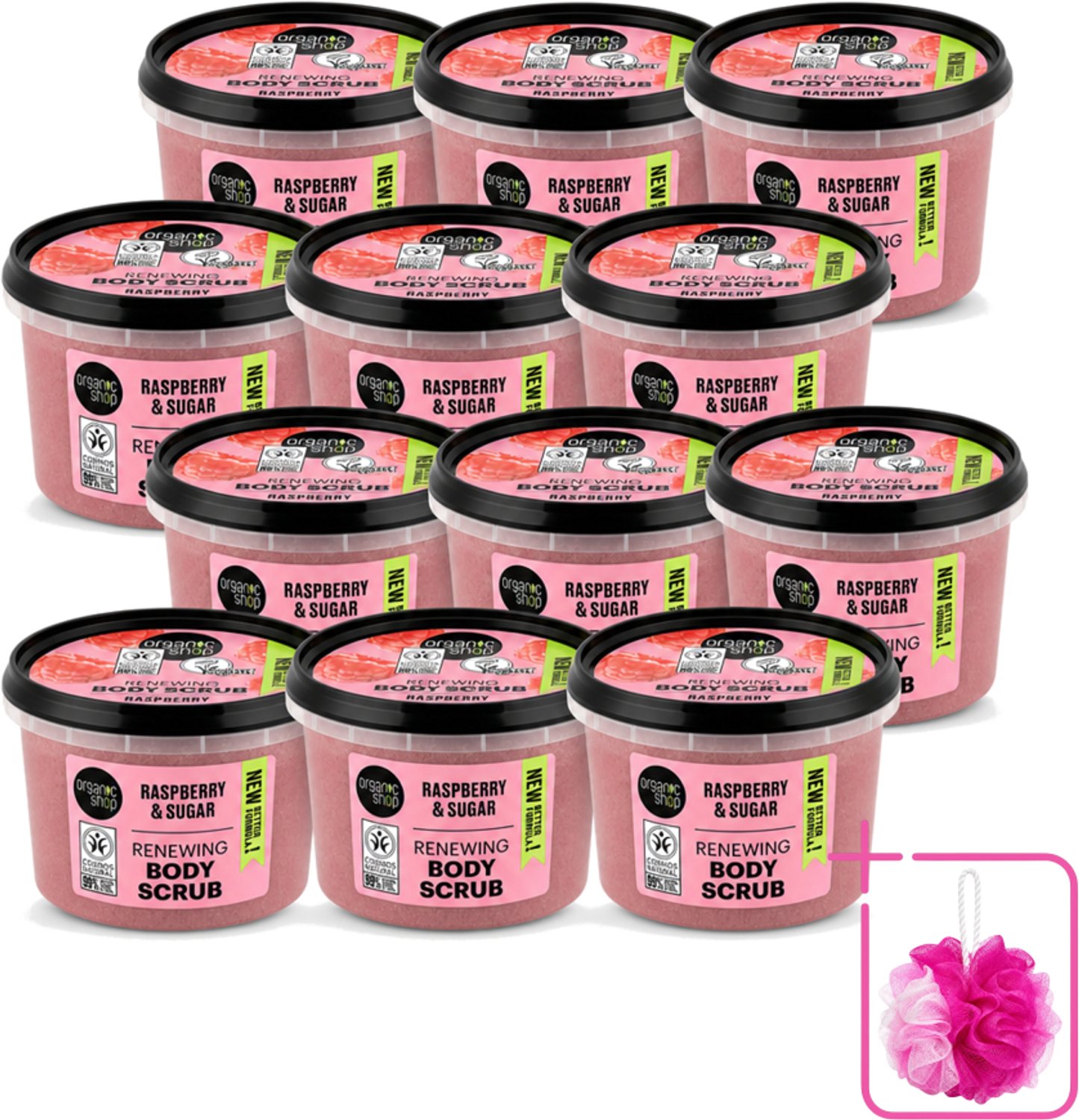 12 x Organic Shop - Organic Raspberry & Sugar Body Scrub - Verfrissend en Peeling - 250 ml - Bulkverpakking - Biologische bodyscrub - Douchemop - Framboos scrub