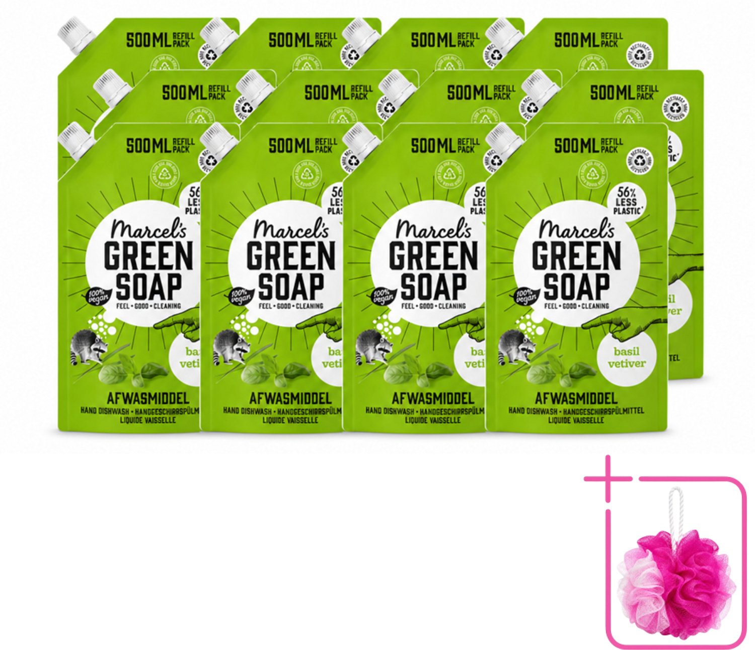 12 x Marcel's Green Soap - Navulling - Afwasmiddel - Basilicum & Vetiver Gras - Plantaardig & duurzaam - 500 ml - Bulkverpakking - Afwasmiddel - Douchemop - Navulverpakking