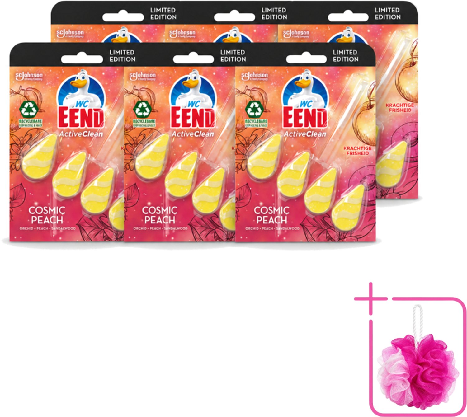 6 x WC Eend - Active Clean Cosmic Peach - Toiletblok - Fruitige Perzikgeur - 38 gr - Bulkverpakking - Toilet reinigen - Douchemop - Toilet blok