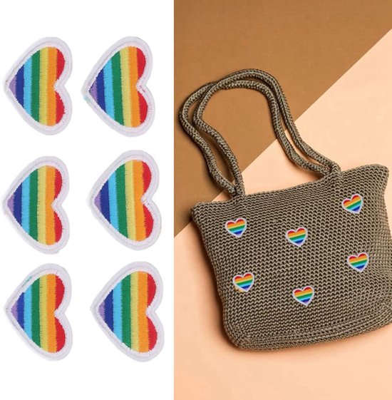 6 Stuks Regenboog Hart Patches met Zwarte Rand, Strijkbare DIY Hartvormige Geborduurde Patches voor Naaien Kleding Reparatie Tassen Hoeden Kinderen Meisjes Knutsel Decoraties (Witte Rand) — afbeelding 3