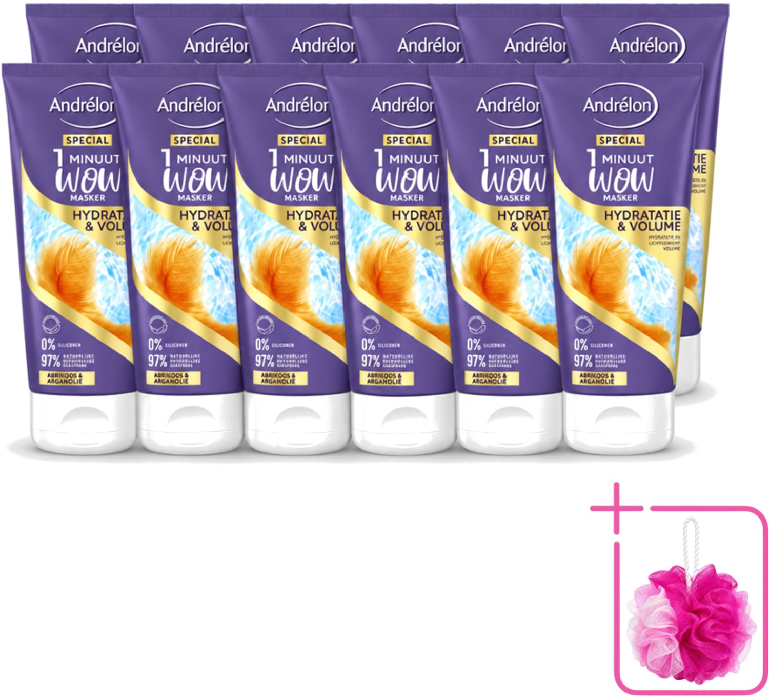 12 x Andrélon - WOW - 1 Minuut Masker - Hydratatie & Volume - 180 ml - Bulkverpakking - 1 minuut masker - Douchemop - Hydratatie haar