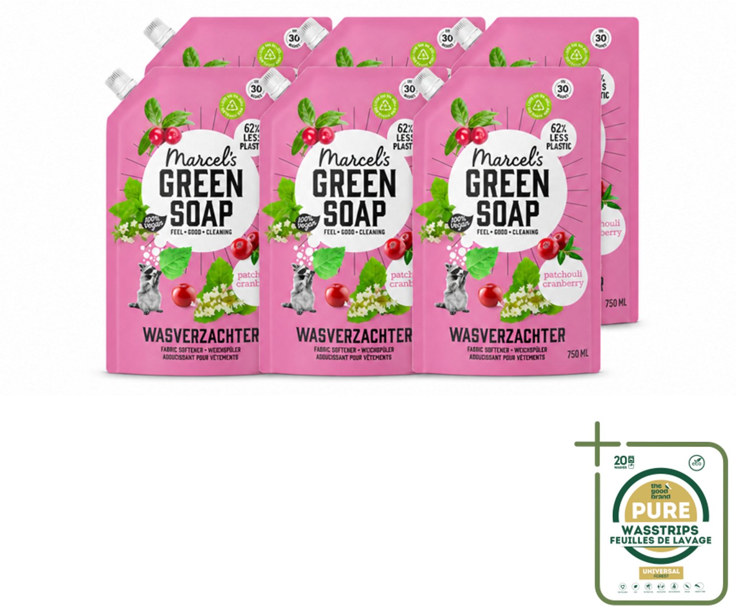 6 x Marcel’s Green Soap – Wasverzachter – Patchouli & Cranberry - Navulling – 750 ml - Wasstrips - Wasverzachter - Wasverzachter Navulling - Wasverzachter Patchouli - Wasverzachter Cranberry - Wasverzachter Voor Kleding