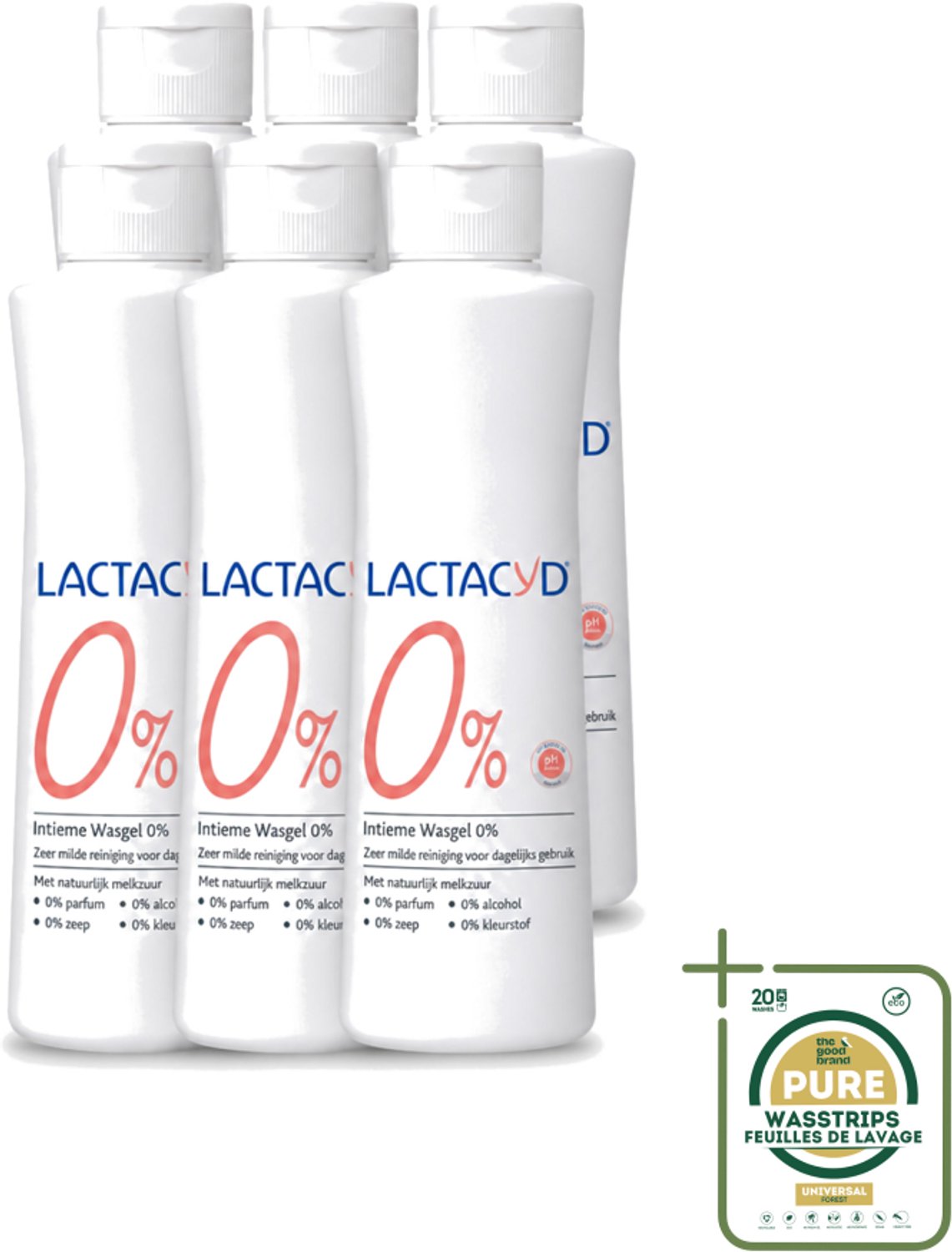 6 x Lactacyd – 0% – Milde Wasgel – 250 ml - Wasstrips - Intieme Wasgel - Gevoelige Huid - PH-vriendelijk - Zeepvrij - 0% Parfum
