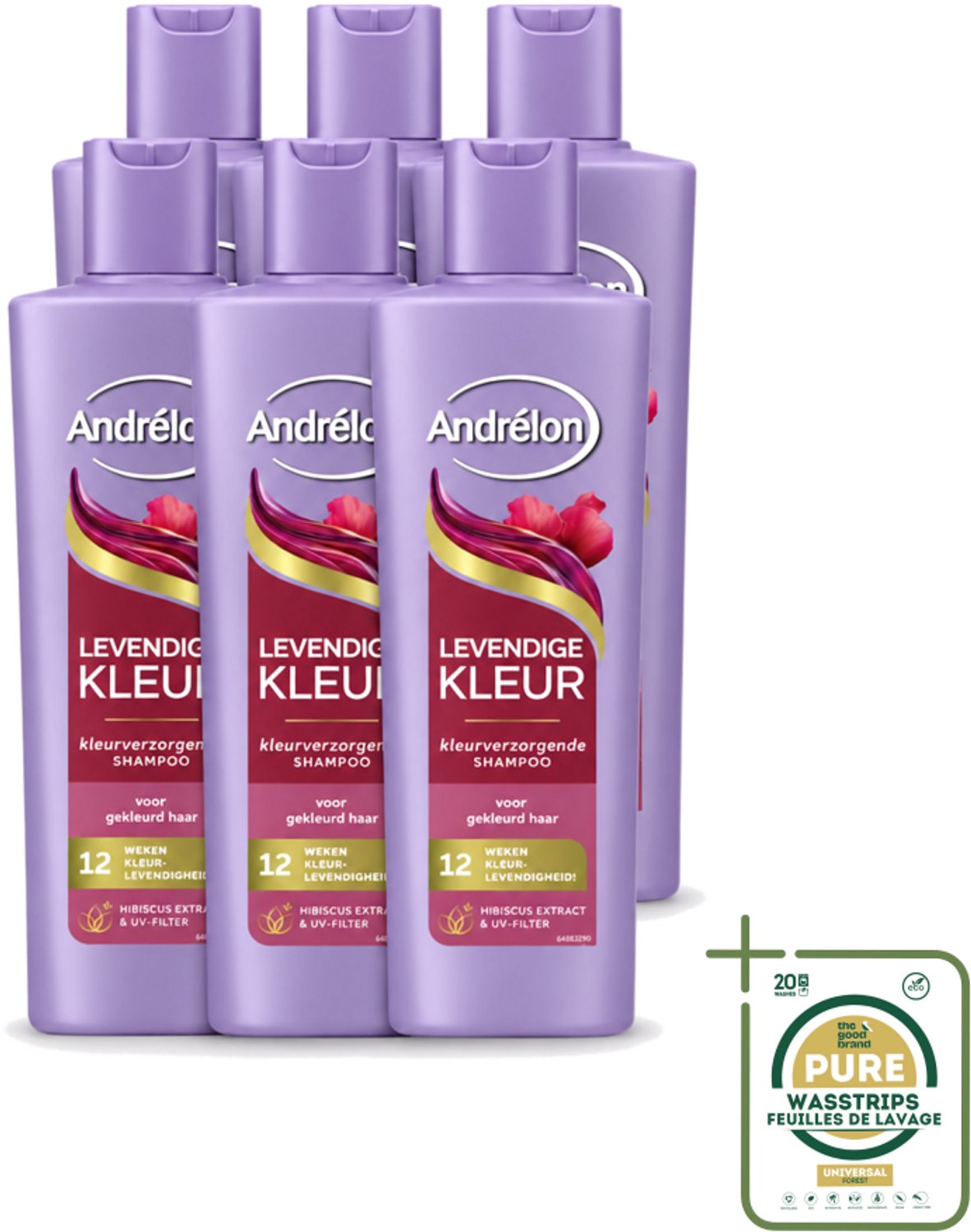 6 x Andrélon – Shampoo – Levendige Kleur – 250 ml - Wasstrips - Kleurbehoud Haar - Haarverzorging - Haarkleur Beschermen - UV-filter Haar - Hibiscus-extract Haar