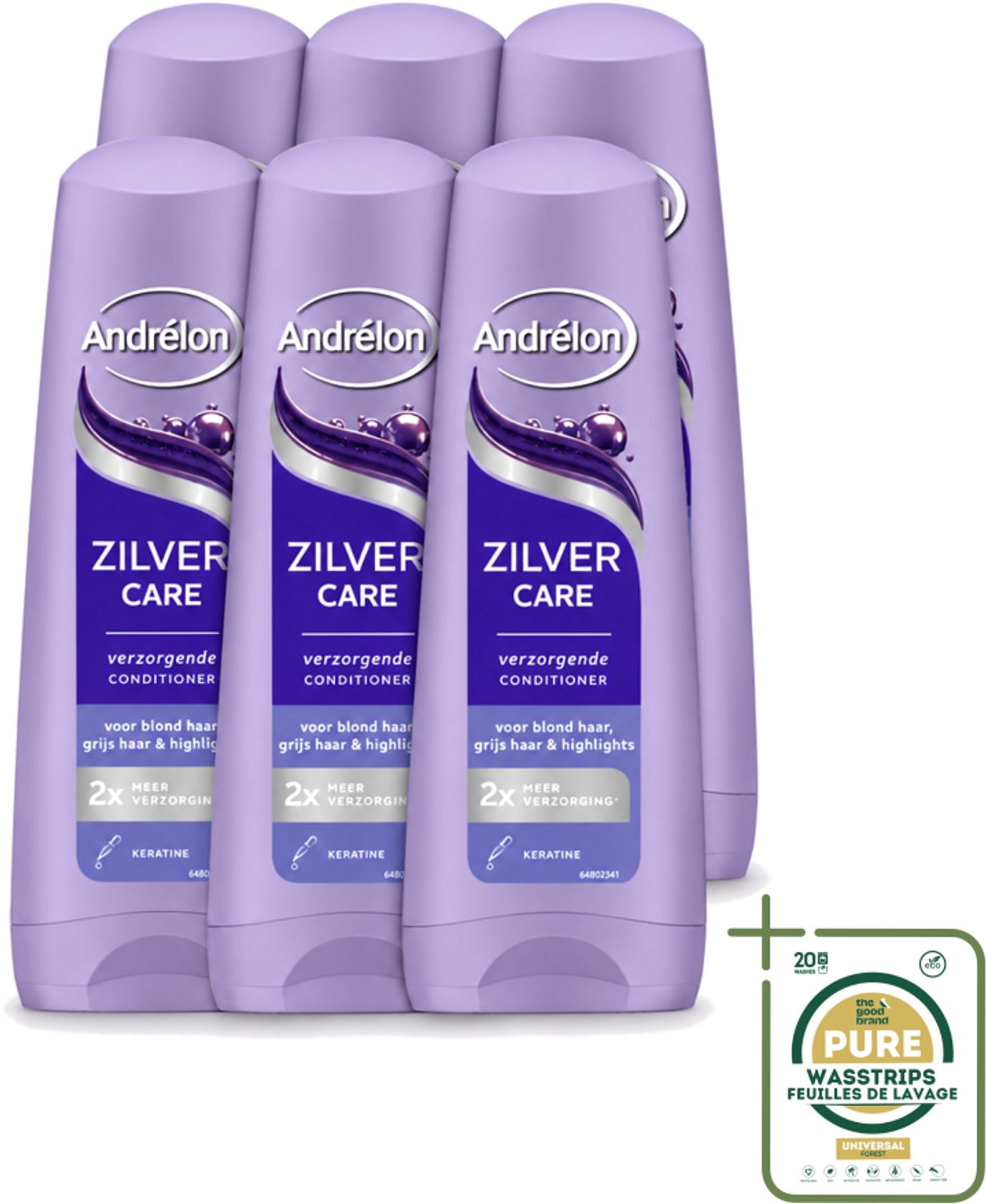 6 x Andrélon – Conditioner – Zilver Care – 200 ml - Wasstrips - Zilver Care Conditioner - Keratine Voor Haar - Verzorging Voor Blond Haar - Verzorging Voor Grijs Haar - Herstel Haar