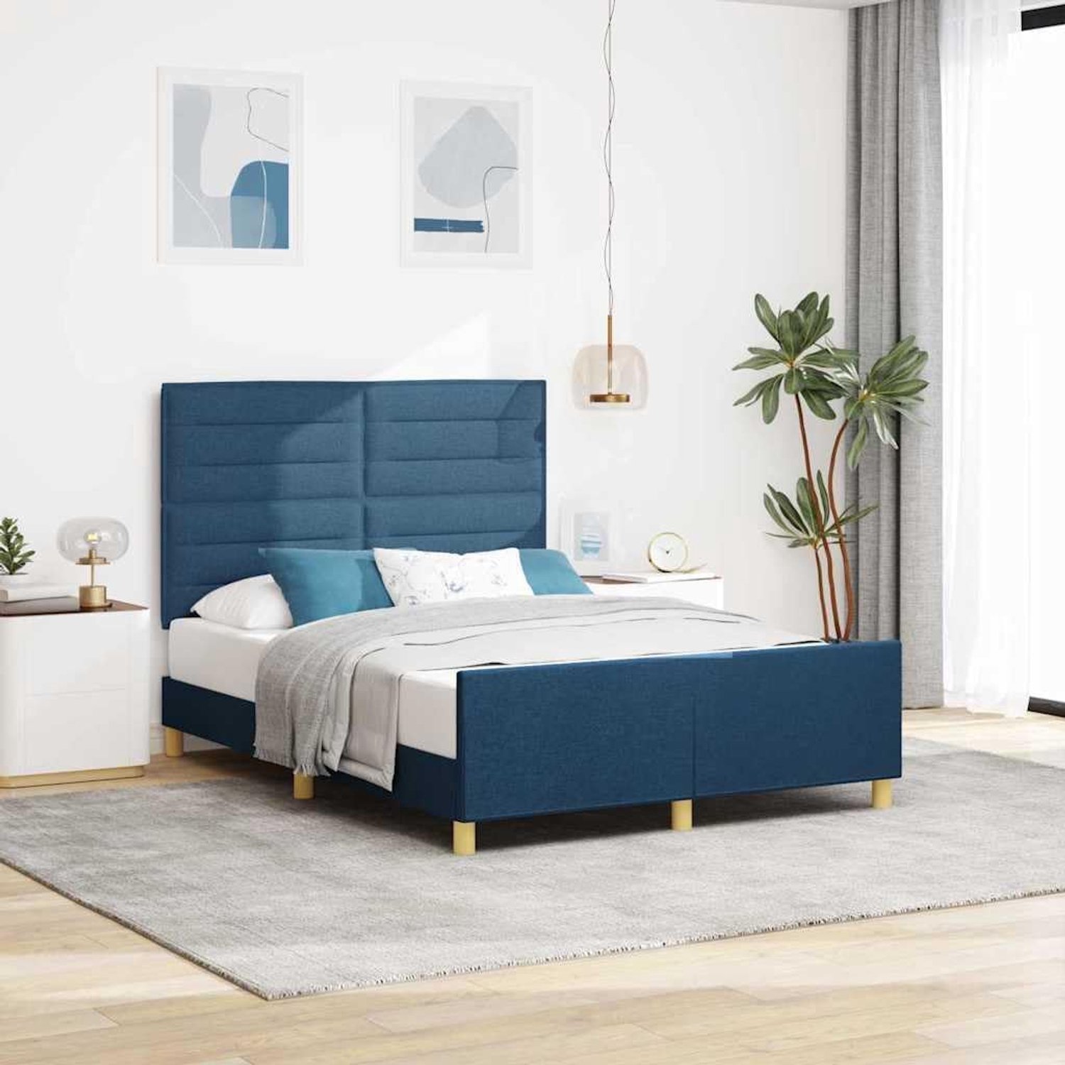 Bedframe met hoofdeinde Blauw 160 x 200 cm Stof, Schuimvulling, Minimalistisch Design, Inclusief Hoofdbord en Voetbord, Comfortabele Slaapkamer, Eenvoudig te Monteren, en Stijlvol Platformbed