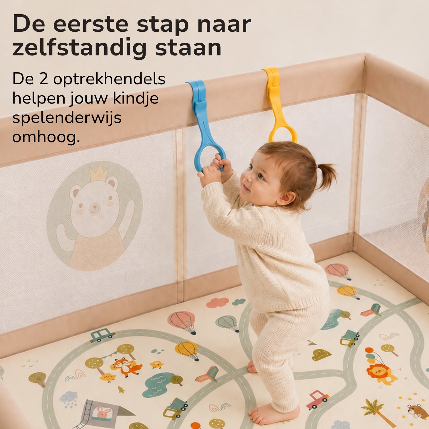 TinyPlay Grondbox baby - zeer snel inklapbaar - 120x120x65 cm - met Speelmat & Speelballen - Opvouwbare box - Kinderbox - Speelbox - Playpen - Ballenbak - Kruipbox - Beige – foto 6