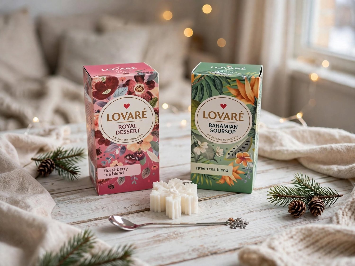 Thee Cadeauset Kerst – Lovare Royal Desert & Bahamian Soursop Thee – Sneeuwvlok Lepel & Sojakaars