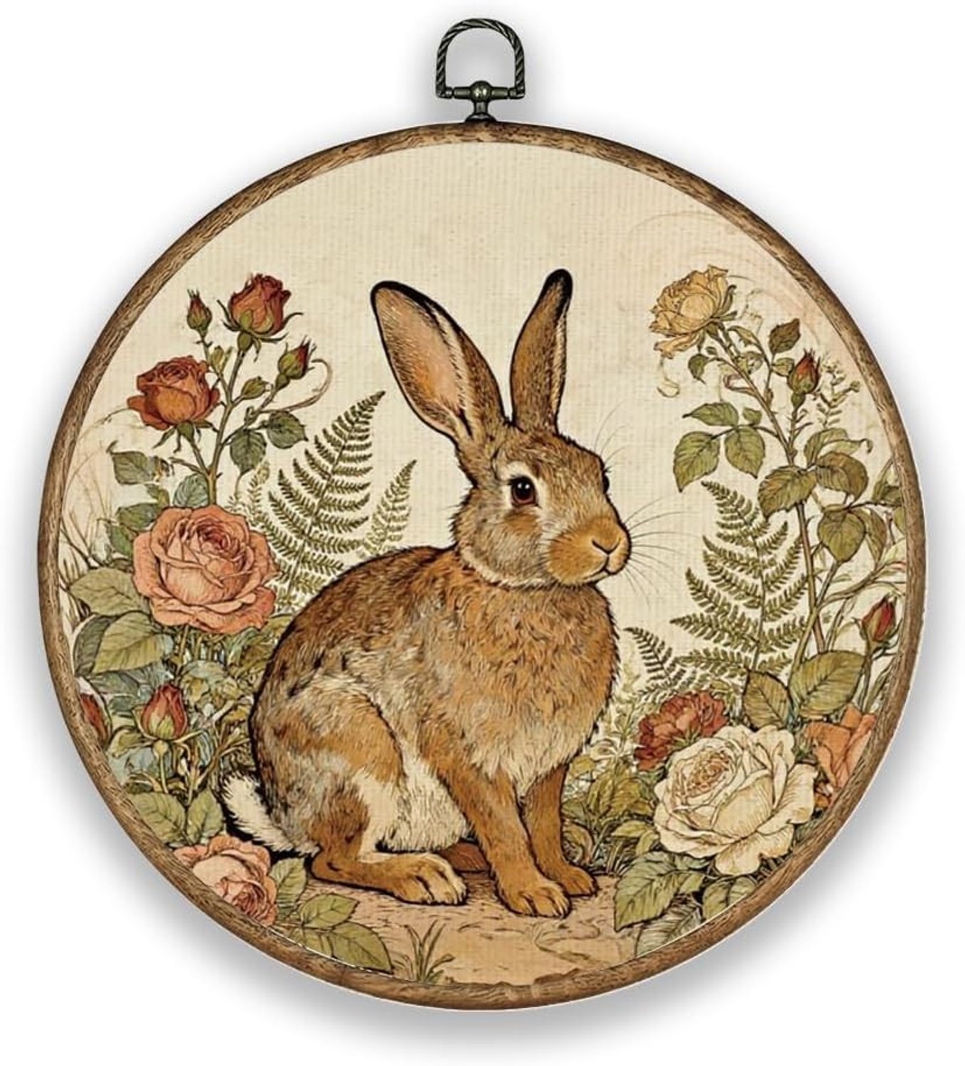 Botanische haas bloemen muurkunst met houten textuur en vintage kleuren voor tuin, café en kantoor - 26 cm ronde decoratie van kunststof en polyester