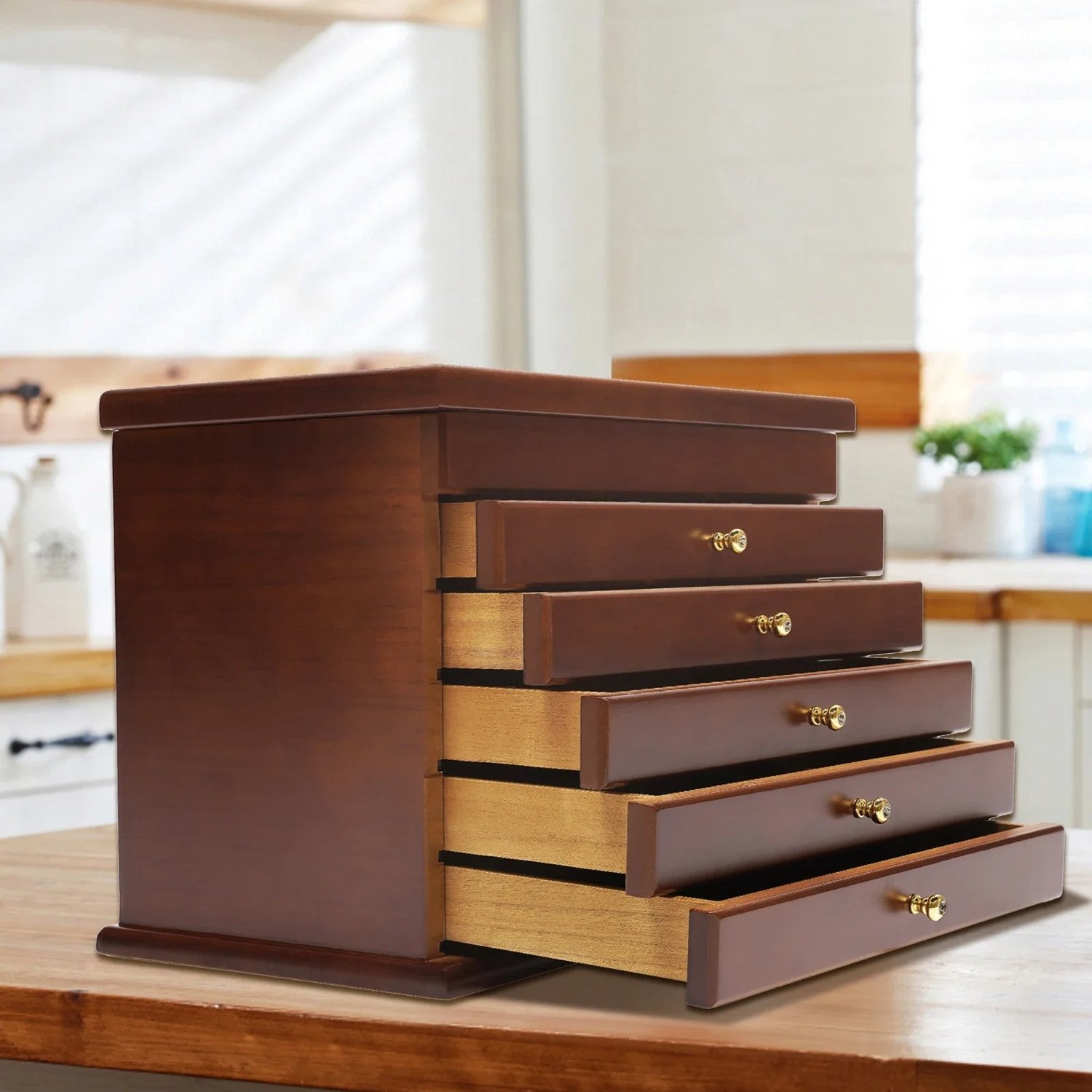 Marqs Sieradendoos - Sieradenhouder - Voor Volwassenen - Organizer - Vintage - Hout - Cadeau - 6 lagen - Bloemenmotief doosje