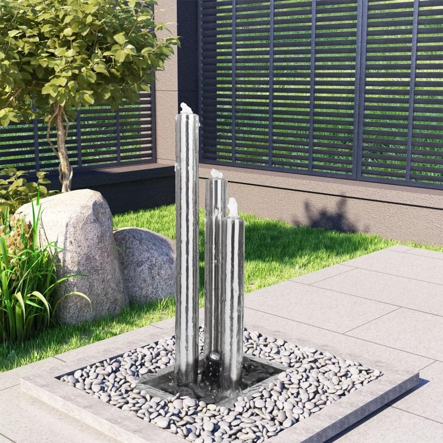 Tuinfontein roestvrij staal 48x34x88 cm met LED-verlichting, 3 cilinders waterspel voor tuin en terras incl. pomp en kiezelstenen