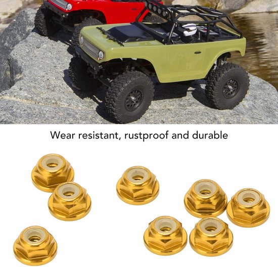 8 Stuks 1/24 M2 Anti Losse Moer Aluminium Flens Nylon Voering Anti Losse M2 Hex Zelfborgende Moeren voor Axiaal voor SCX24 (Gold) — afbeelding 3