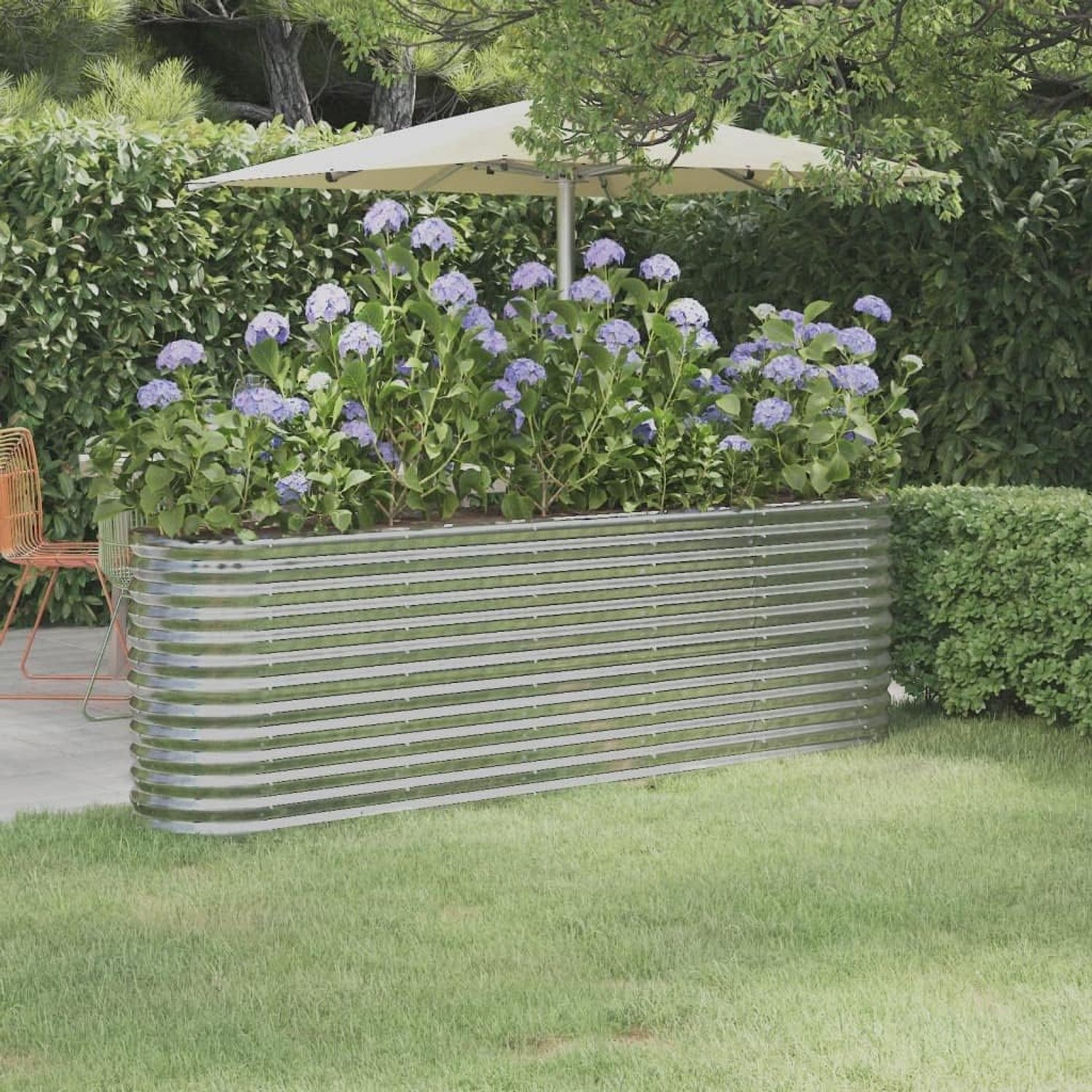 Bloembak, bloembak, bloempot, plantenbak, grote buitenbak, geschikt voor achtertuin, restaurants, cafés, tuinen, gepoedercoat staal, 224 x 40 x 68 cm, zilver