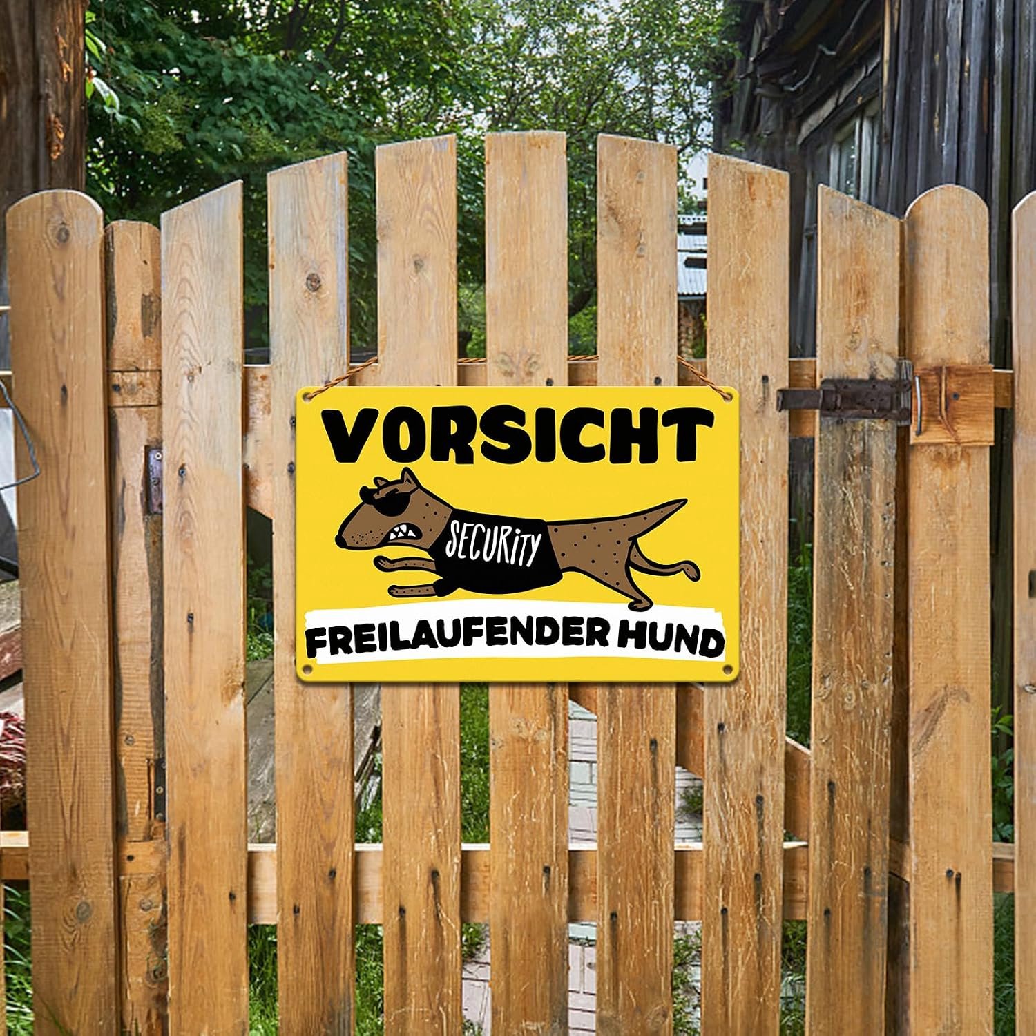 Vorsicht hond schild grappig 30x20cm (A4) aluminium metaal reflecterend voor buiten en binnen met 4 voorgeboorde gaten geel x2 stuks